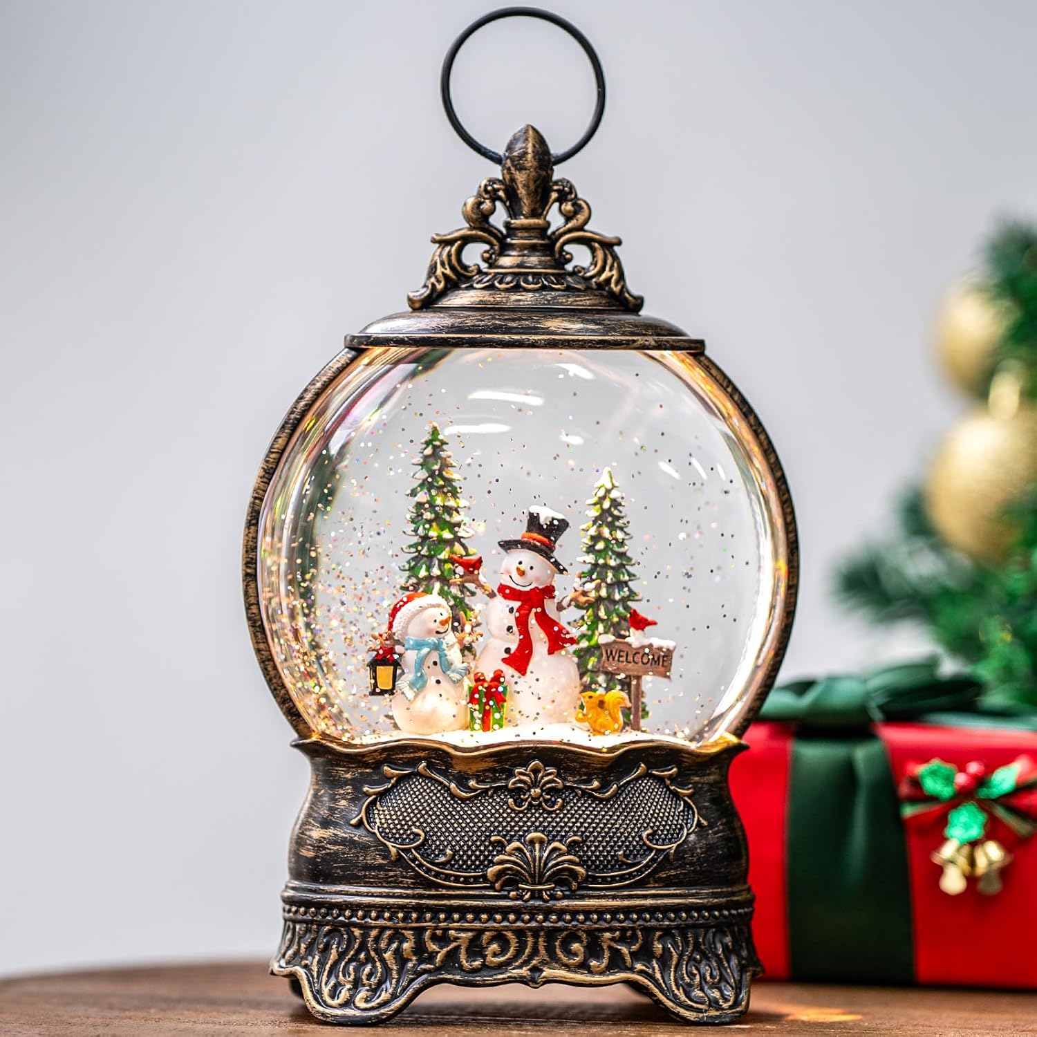 Christmas Snow Globes, Snowman Family Squirrel Cardinal Water Lantern, 8 Christmas Music, USB Powered & Battery, Holiday Decorations Gifts for Family Children or Friends