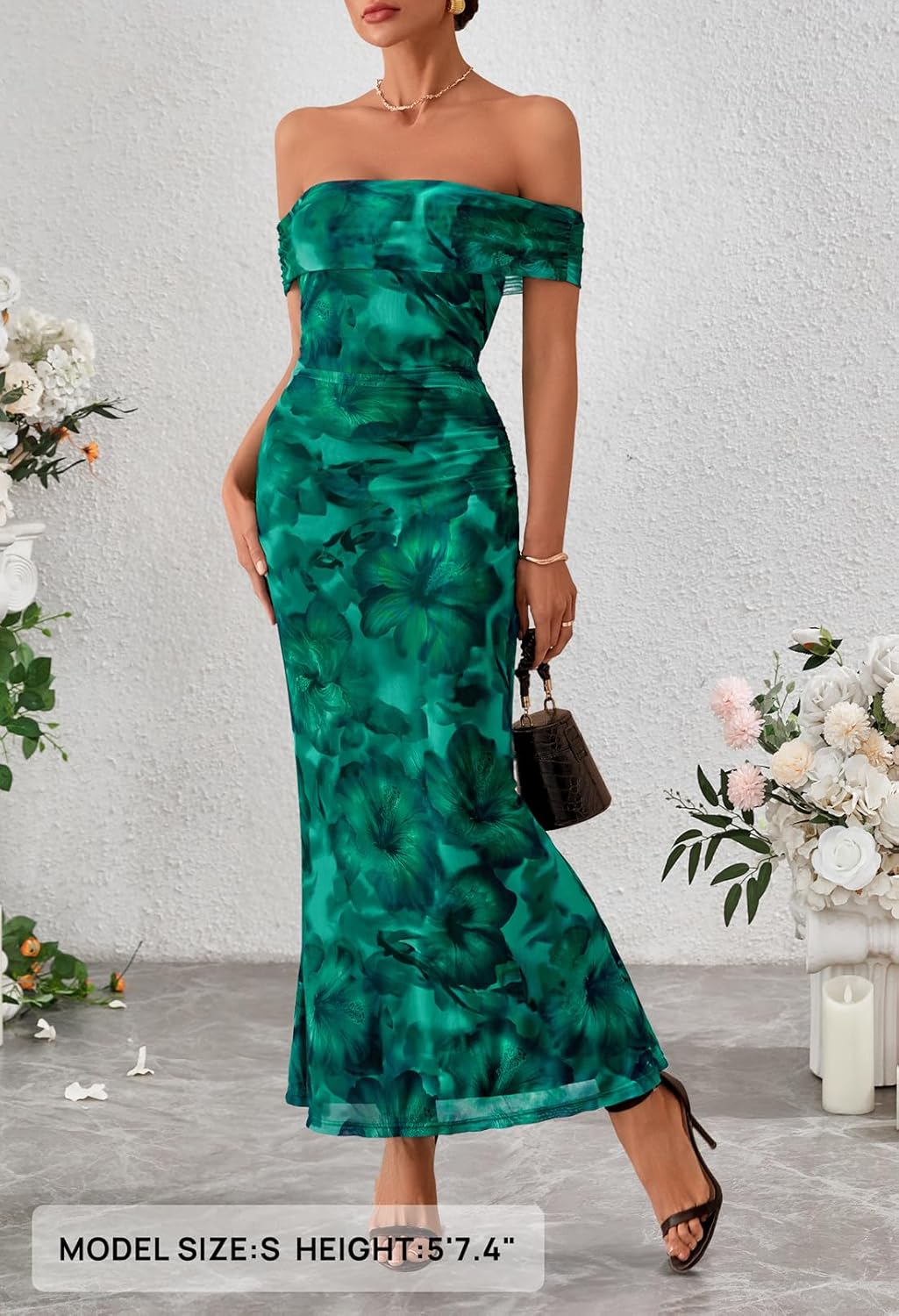 MEROKEETY Women's Spring Off Shoulder Floral Maxi Dress 2026 Summer Formal Beach Wedding Guest Cocktail Bodycon Dresses - Image 8