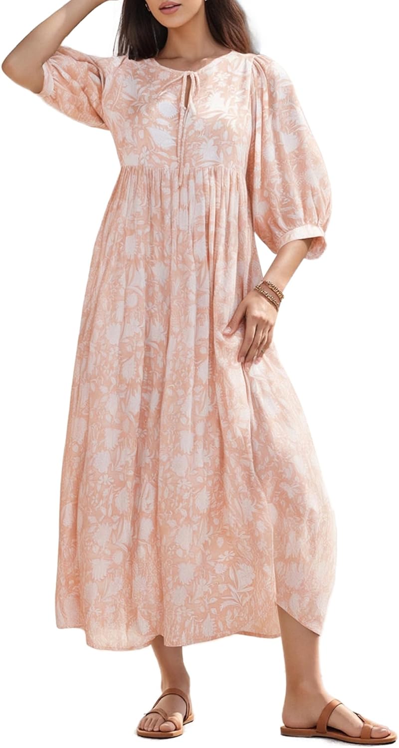 Women Summer Boho Maxi Dress 3/4 Sleeve V Neck Tie Front Maternity Dress Cotton Casual A-Line Baggy Sundress