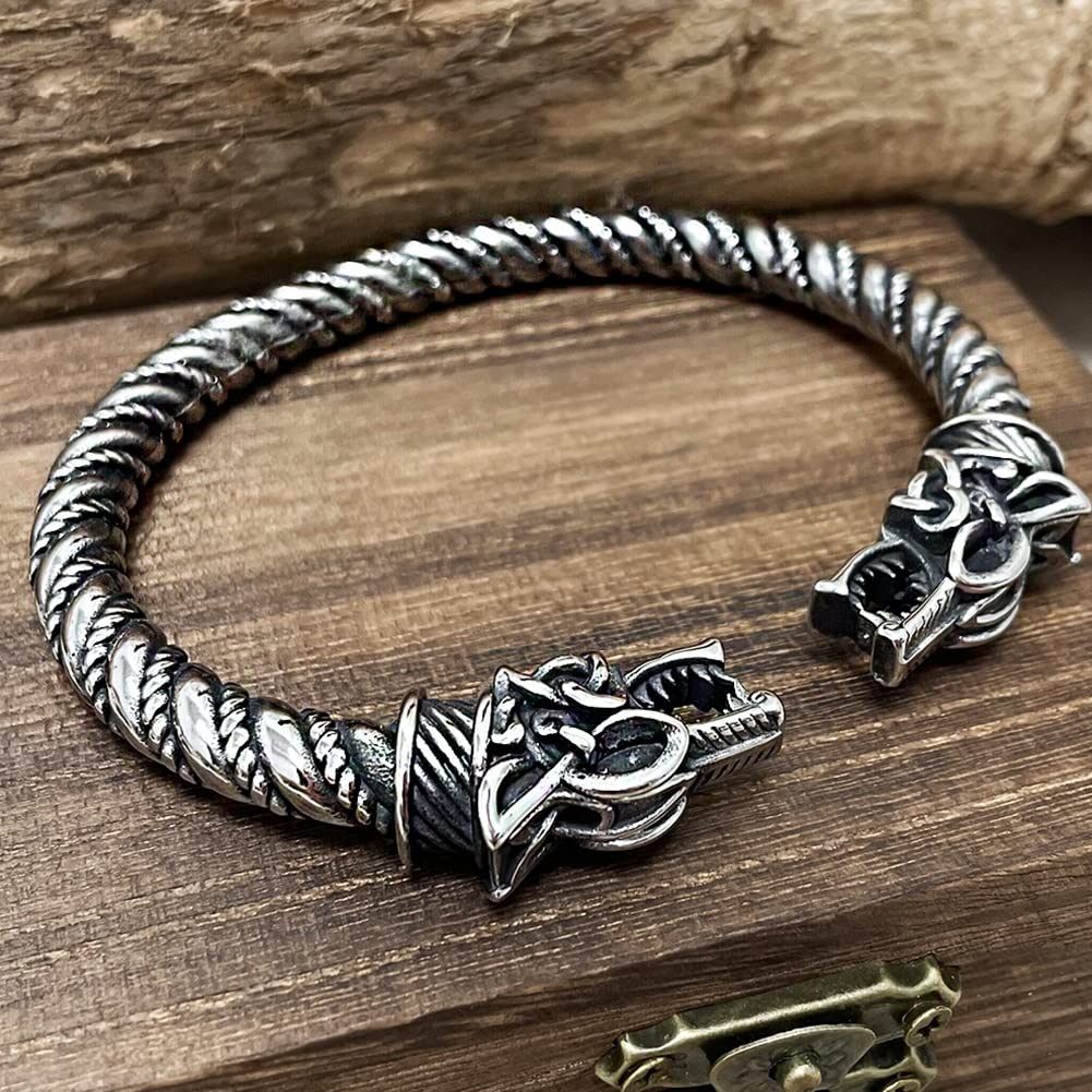 Bracciale Con Doppia Testa Di Lupo Nordico Vichingo In Acciaio Inossidabile Bracciale Da Uomo Con Catena A Maglie Retrò Punk Retrò Con Animali - Foto 4