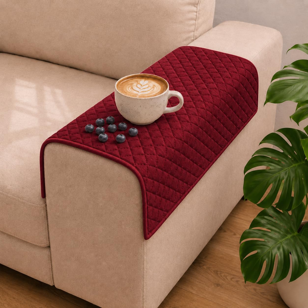 STITCHNEST Velvet Quilted Sofa Armrest - Set of 2 | Multi-Layered Fabric | 18 X 22 Inche | Color - Marron