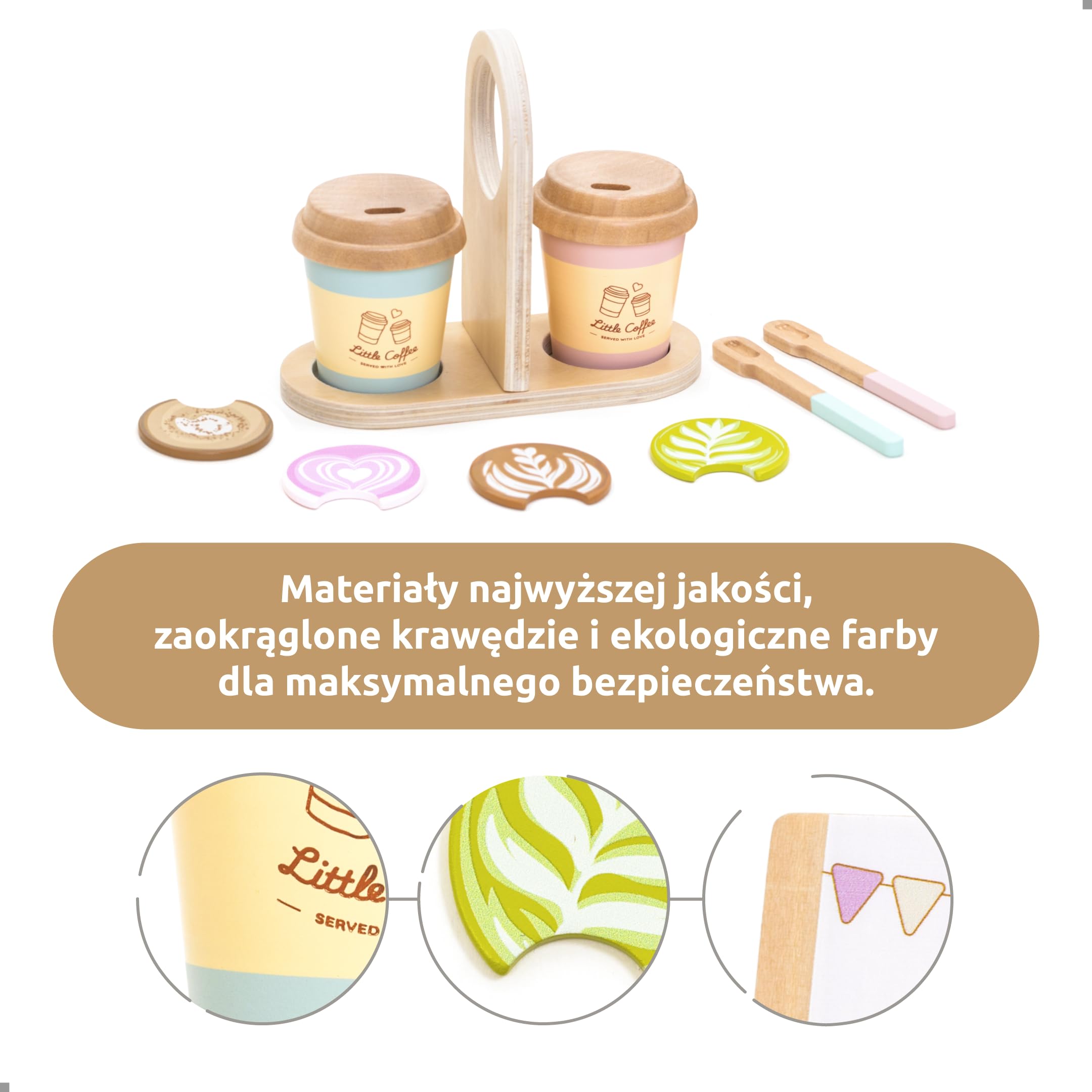UMU® Coffee to Go zestaw do zabawy dla dzieci z drewna – akcesoria kuchenne dla dzieci w zestawie z tablicą sprzedażową, serwis do kawy do odgrywania ról, 15-częściowy zestaw drewnianych zabawek dla