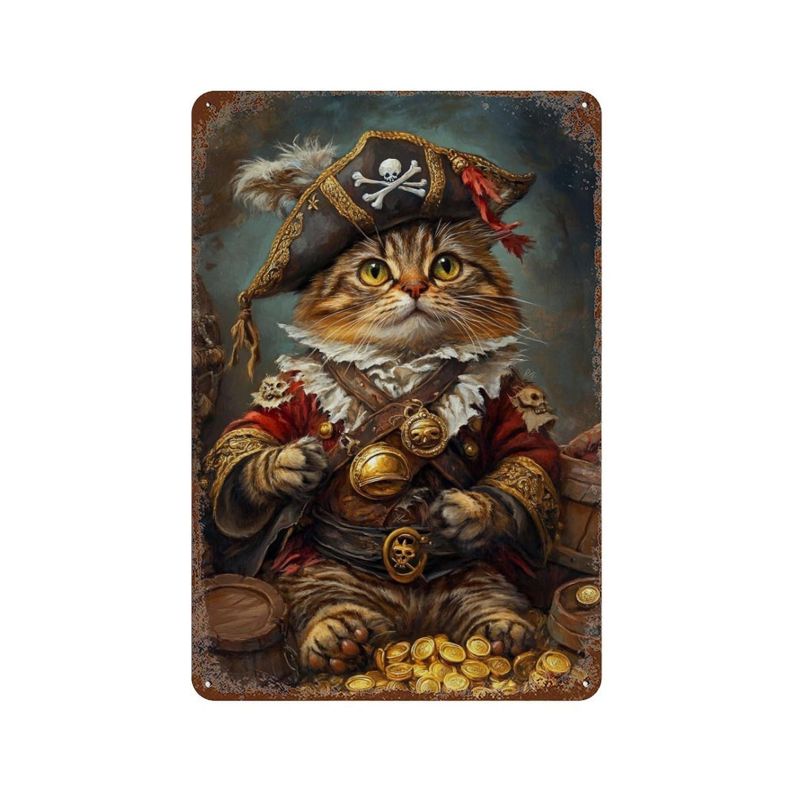 Rust Effect Pirate Cat Treasure Hunt Decorative Tin Sign 11.8"x7.9", Classic Wall Plaque for Pub, Kitchen And Man Cave Decor