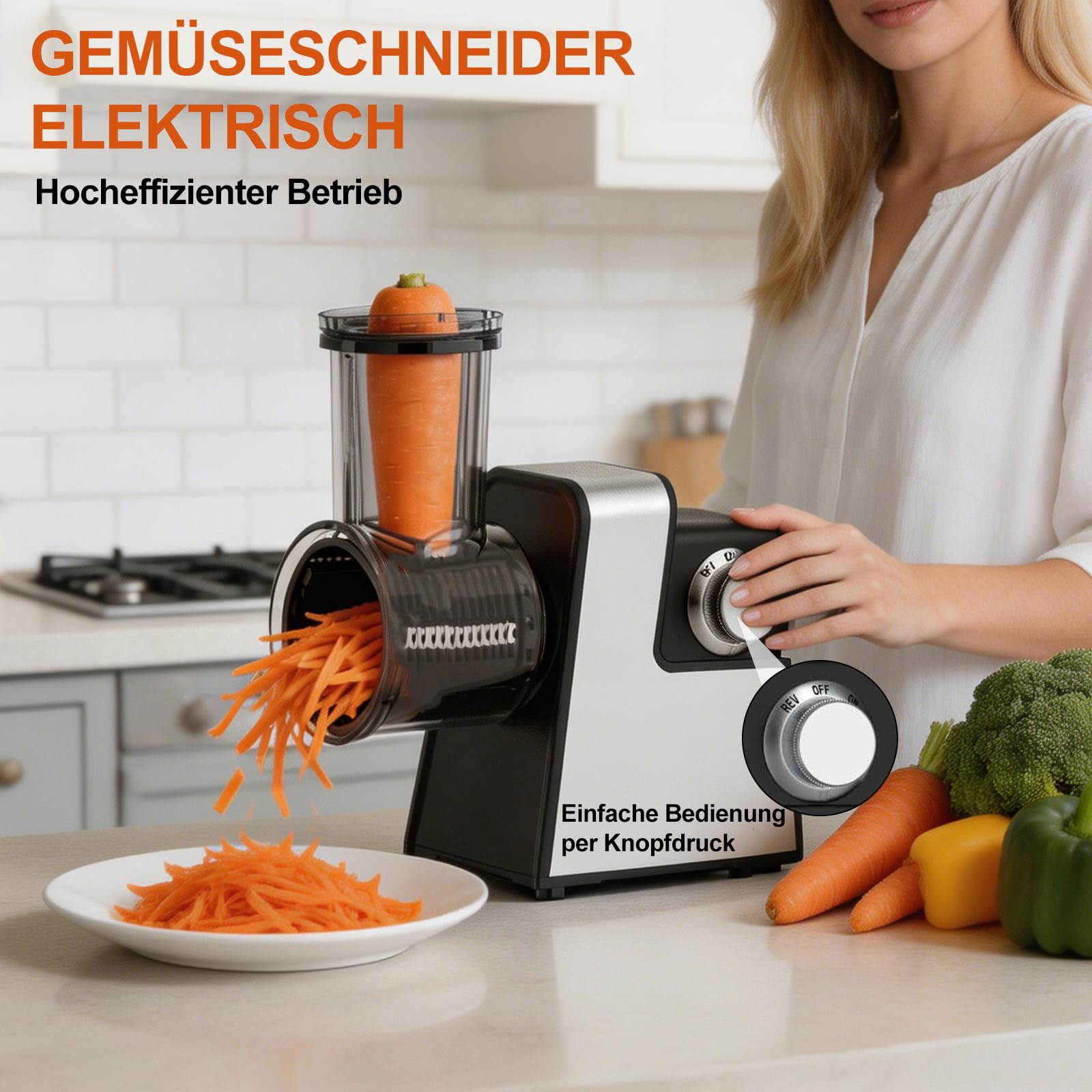 7-in-1 Gemüseschneider Elektrisch, Multifunktional Elektrisch Käsereibe | Gemüsereibe mit 7 Edelstahlklingen, Ein-Knopf Schneidemaschine für Käse Gemüse Obst & Nüssen