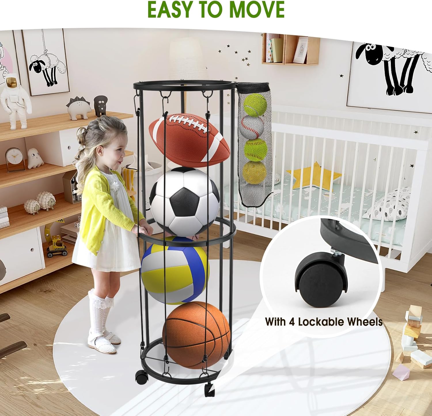 Garage Ball Storage Rack, Wall-Mounted Vertical Ball Holder for Basketball Soccer Football Volleyball，Space-Saving Sports Equipment Organizer for Garage, Gym, Basement & Indoor Room