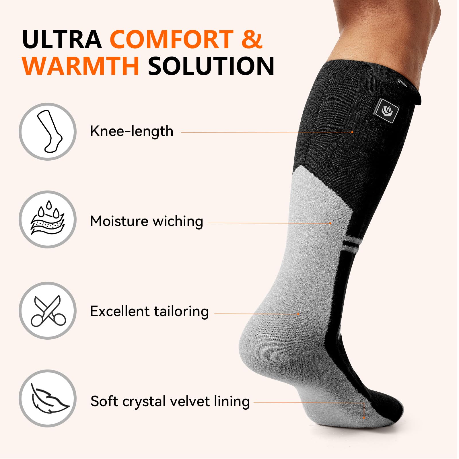 WASOTO Calcetines térmicos para hombres y mujeres, 22.2 Wh, con batería, lavables, recargables, control de aplicación, calcetines de esquí eléctricos para caza