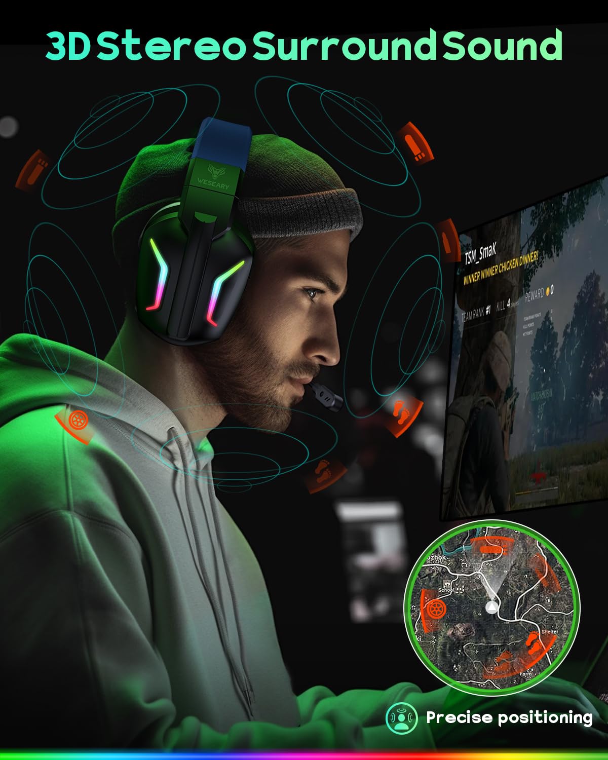 WESEARY Auriculares inalámbricos para Juegos con micrófono para PS5, PS4, PC, Switch, teléfono móvil, Mac, portátil, 2,4 GHz y Auriculares Bluetooth con micrófono con cancelación de Ruido, batería de
