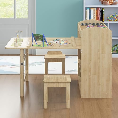 Miniatura 7 de Mjkone Mesa de arte para niños y 2 sillas juegos de mesa de dibujo y pintura para niños mesa de manualidades con estantes de almacenamiento de