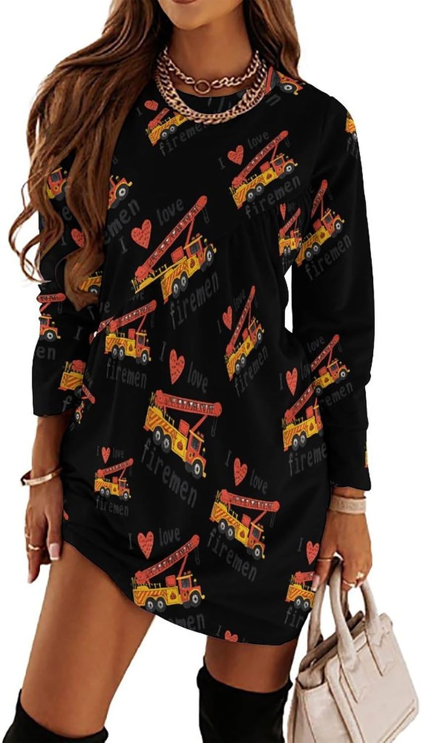 I Ove Fireman Women's Fleece Sleeve Sweatshirt Dress Long Pullover Casual Dresses