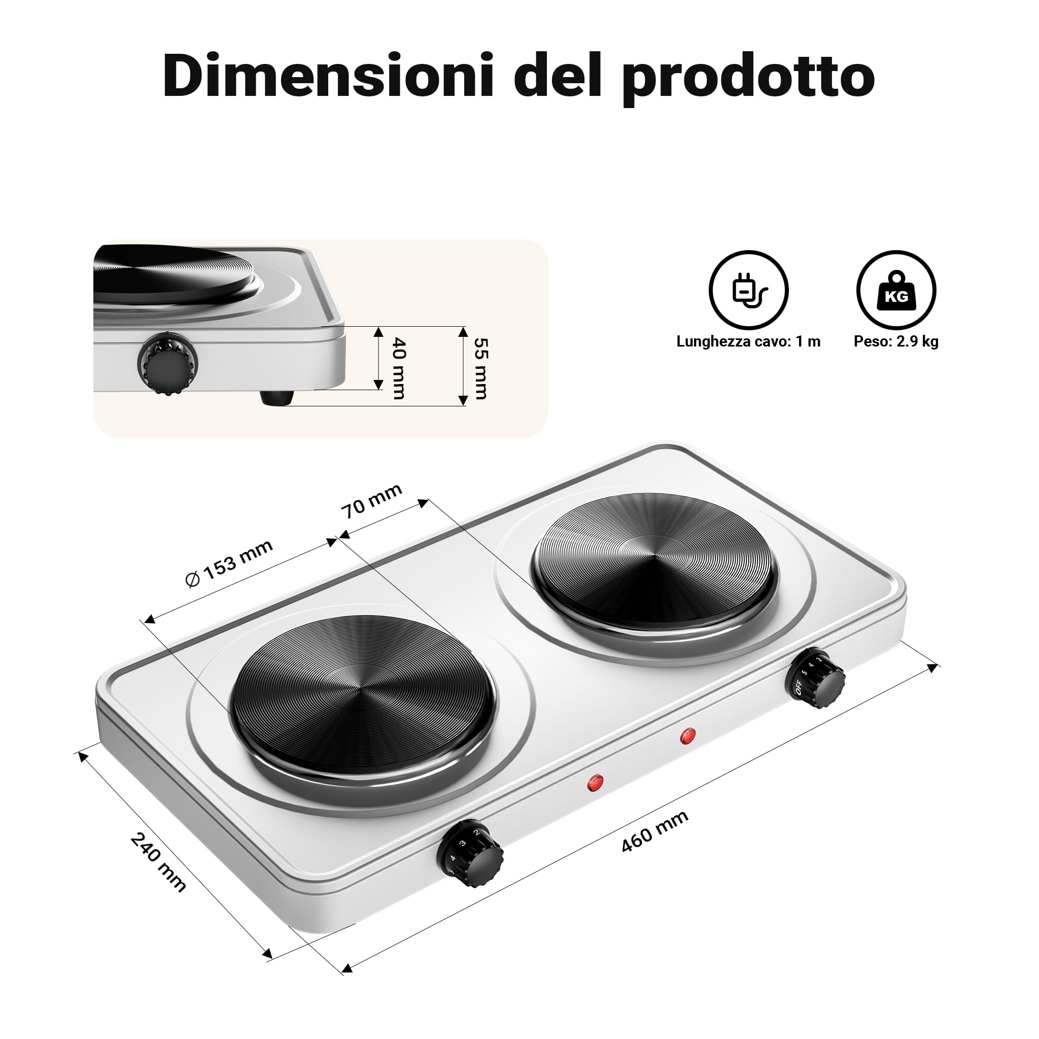 Wiltec Fornello elettrico portatile a due piastre in ghisa, 2000 w, protezione anti sovraccarico, da campeggio