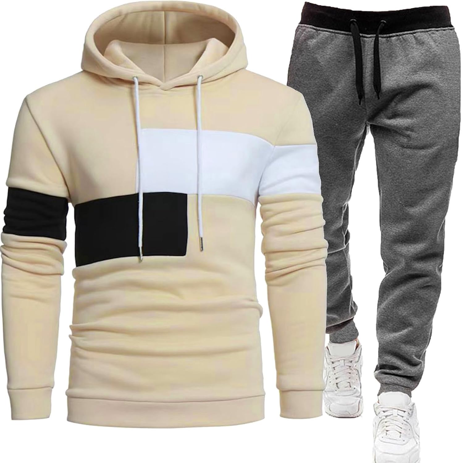 Cambkatl Men's Color Block 2 Piece Outfits - Casual Long Sleeve Hoodies with Jogger Pants Fashion Lounge Tracksuit Sets