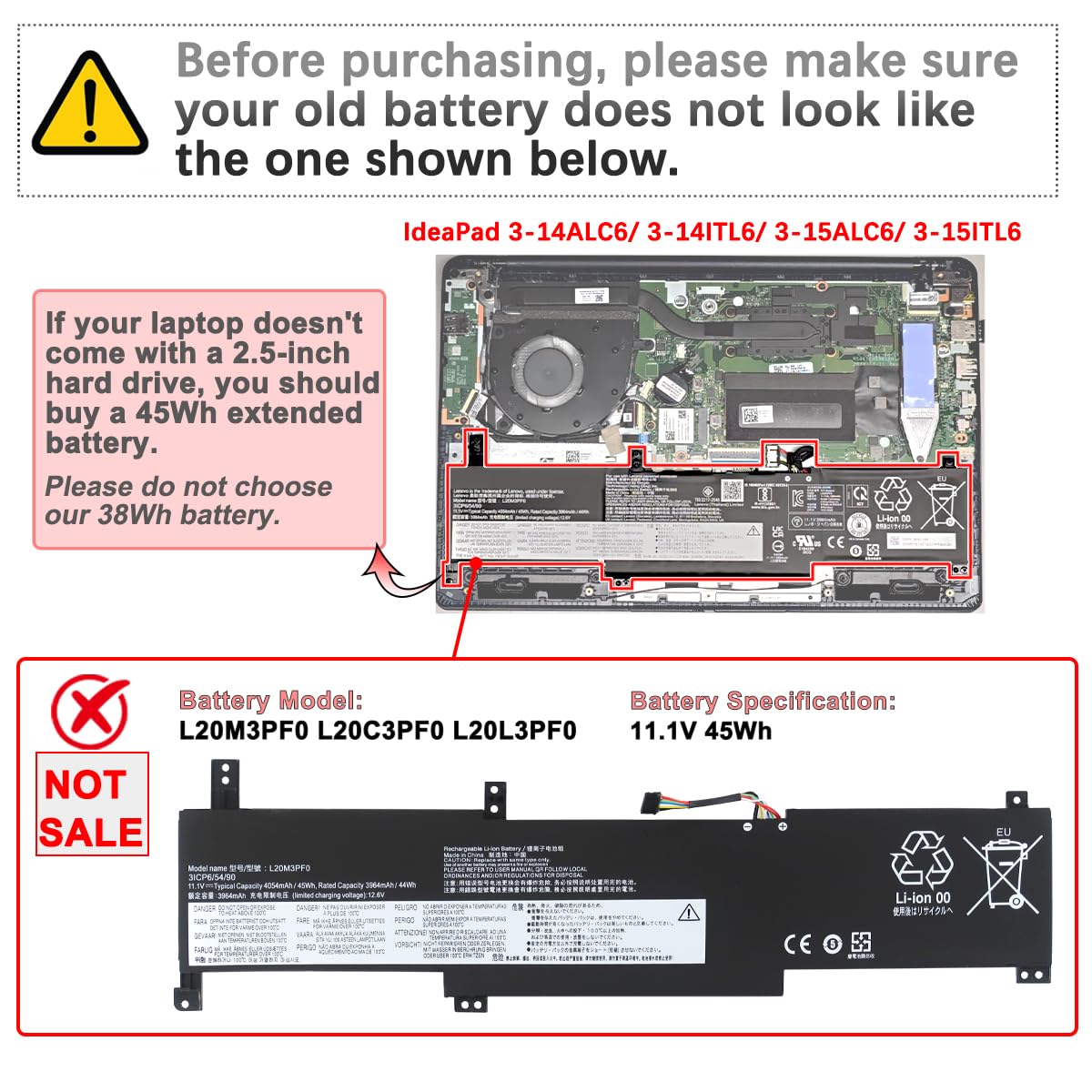 38Wh L20M2PF0 L20C2PF0 L20L2PF0 Batteria per Lenovo IdeaPad 3-14ADA6 3-14ALC6 3-14ITL6 3-15ALC6 3-15ITL6 3-17ADA6 3-17ITL6 / S14 V14 V15 V17 G2-ITL G3-IAP / K14 Series L20L3PF0 L20B2PF0
