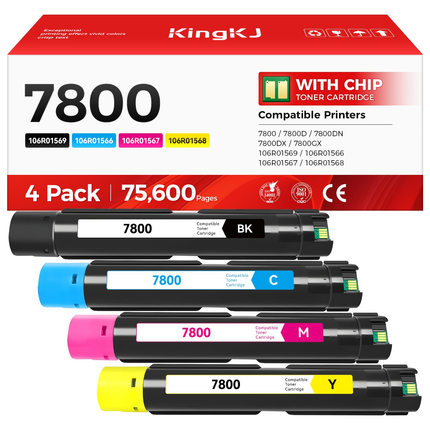 Phaser 7800 High Capacity Toner Cartridge Set 4-Pack Replacement Compatible with Xerox 106R01569 106R01566 106R01567 106R01568 Phaser 7800 7800N 7800DN 7800DX 7800GX Printer Black Cyan Magenta Yellow
