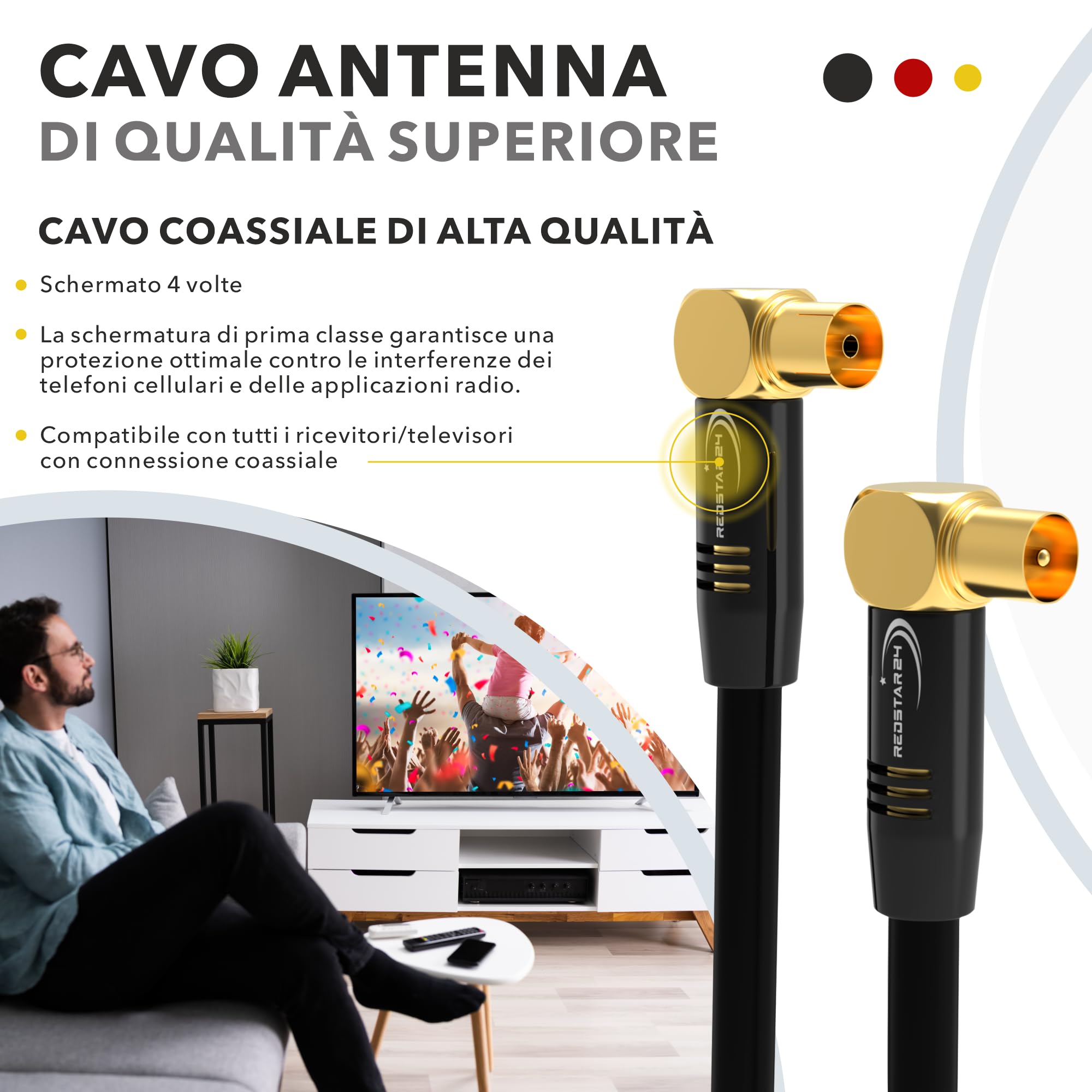 RedStar24 Cavo Antenna 3m Nero - 90° Angolato Coassiale | Maschio a Femmina - Premium per HDTV e TV via Cavo | Compatibile con TV, Radio, DVB-T/T2, DVB-C, DAB
