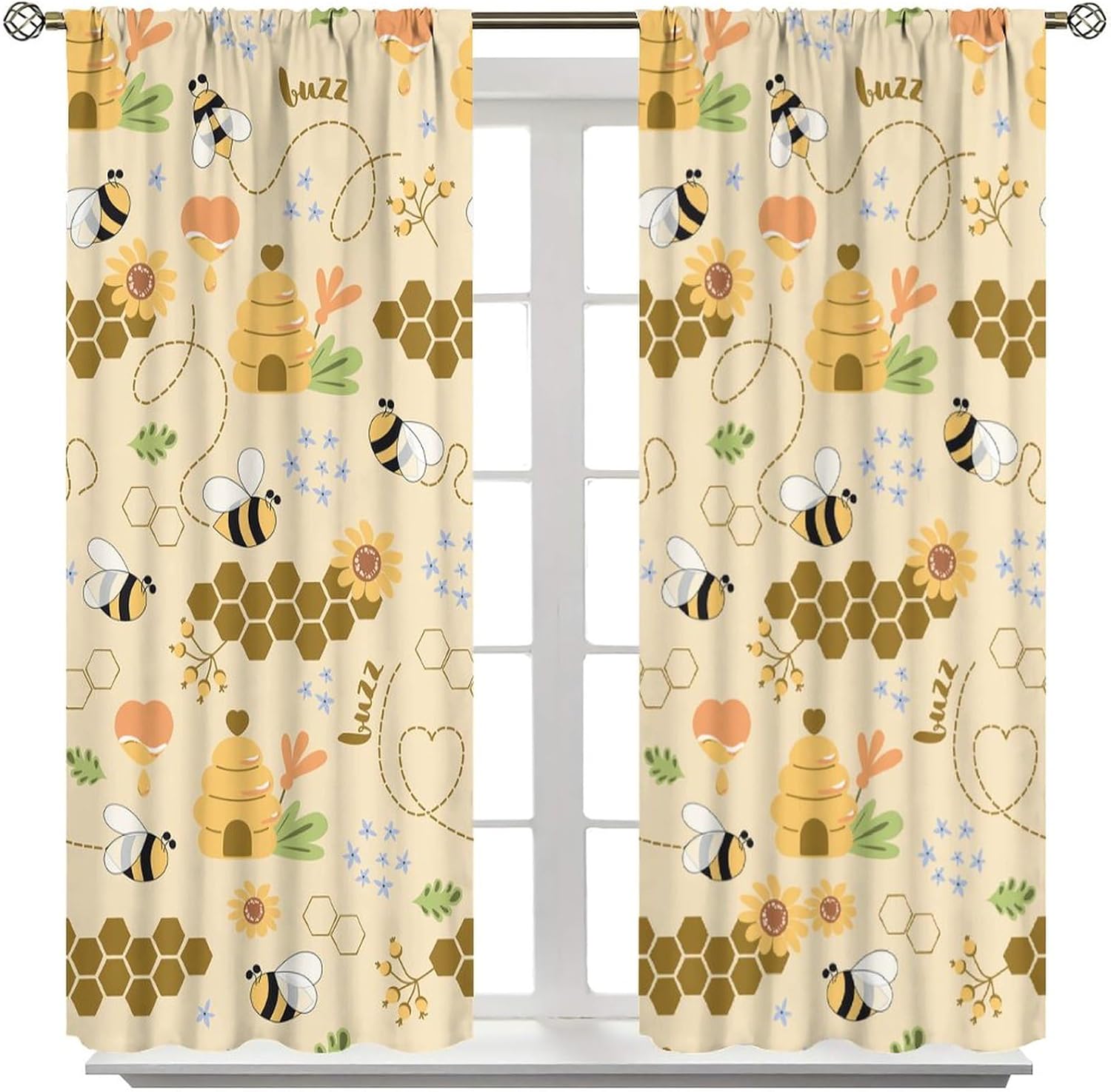 Bee Curtains Cartoon Cute Flying Bees Geometric Hexagonal Honeycomb Yellow Flower Colorful Art Print for Kids Boys Girls Bedroom Living Room Decor Rod Pocket Blackout Window Drape 72x63in