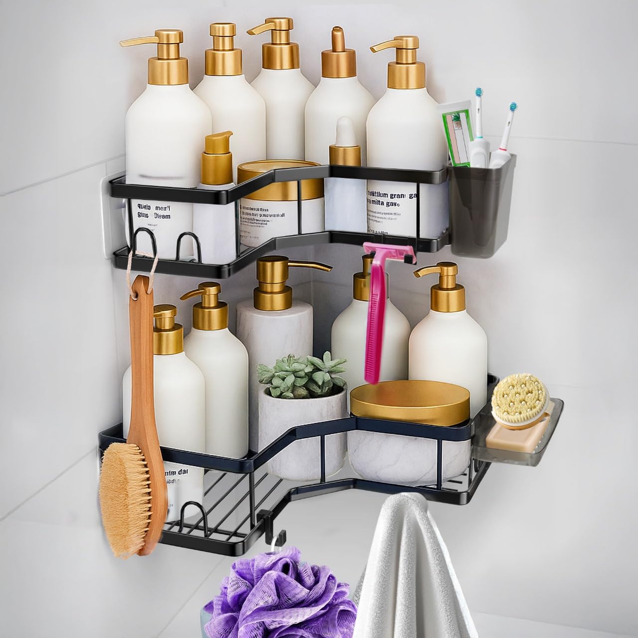 SBEN Corner Adhesive Shower Caddy 4 Pack Organizer Shelves No Drilling Rustproof Material Storage Rack 4 Extra Hooks