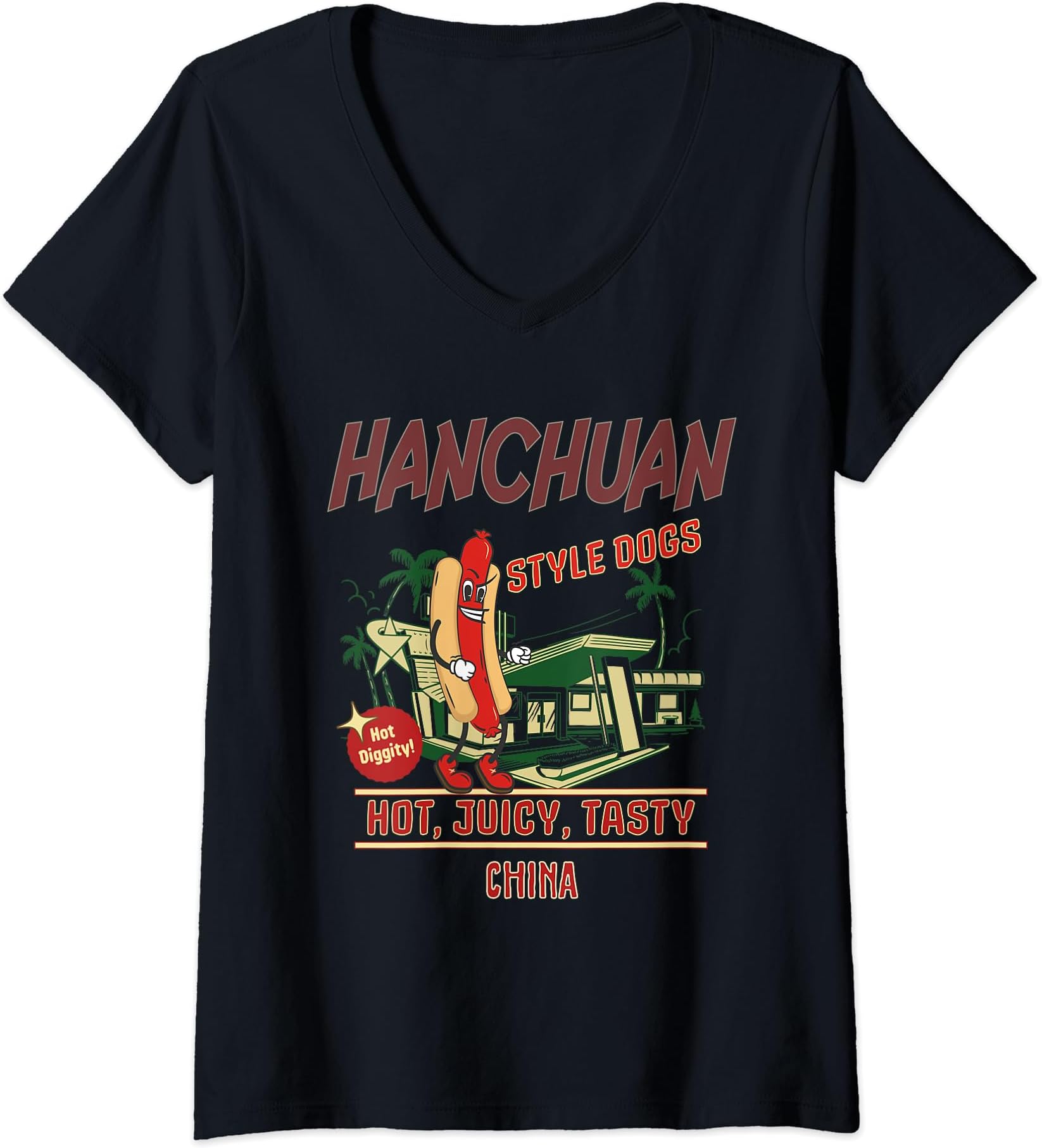 HANCHUAN Style Dogs Hot Diggity Juicy Tasty Retro V-Neck T-Shirt