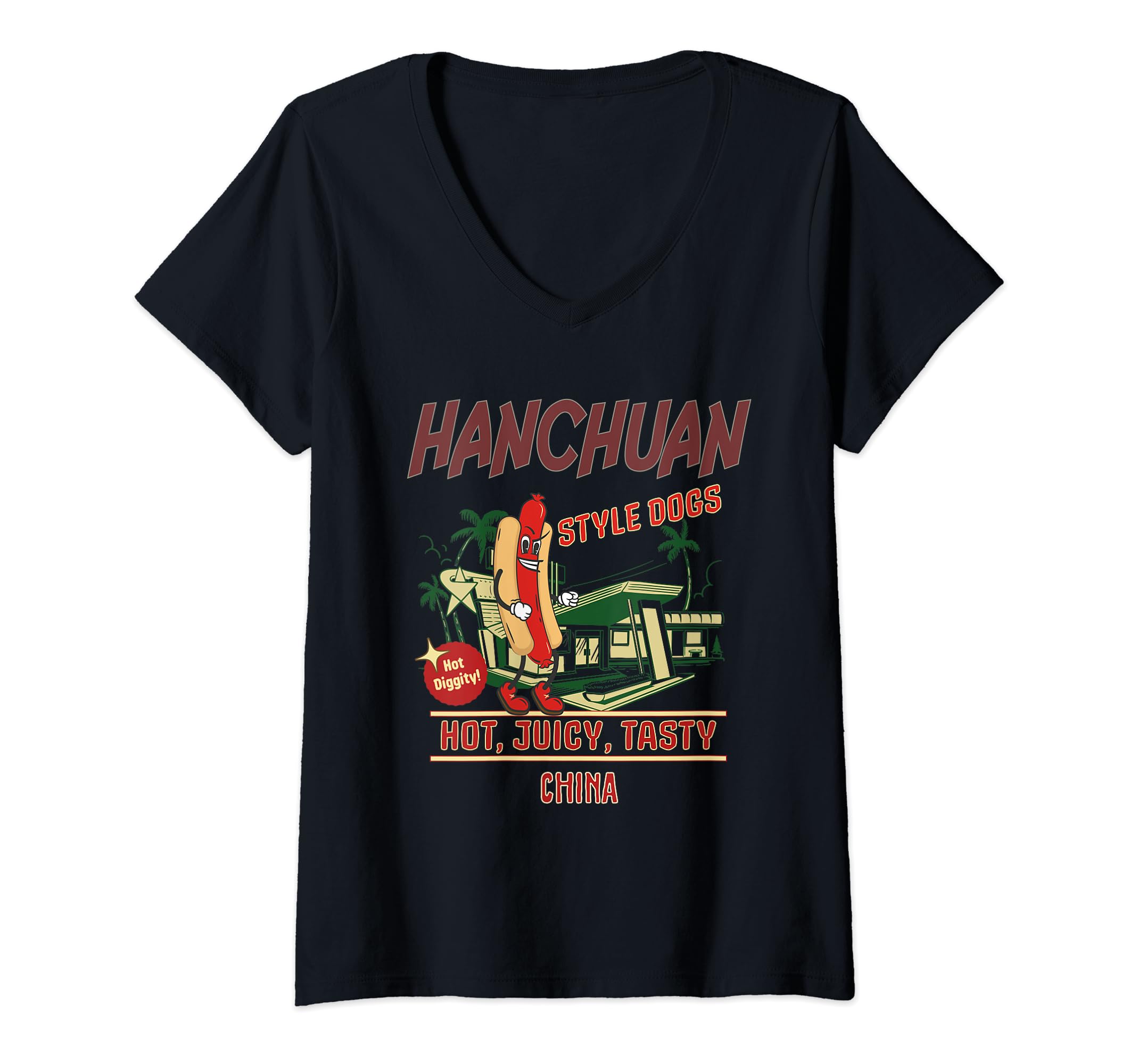 HANCHUAN Style Dogs Hot Diggity Juicy Tasty Retro V-Neck T-Shirt