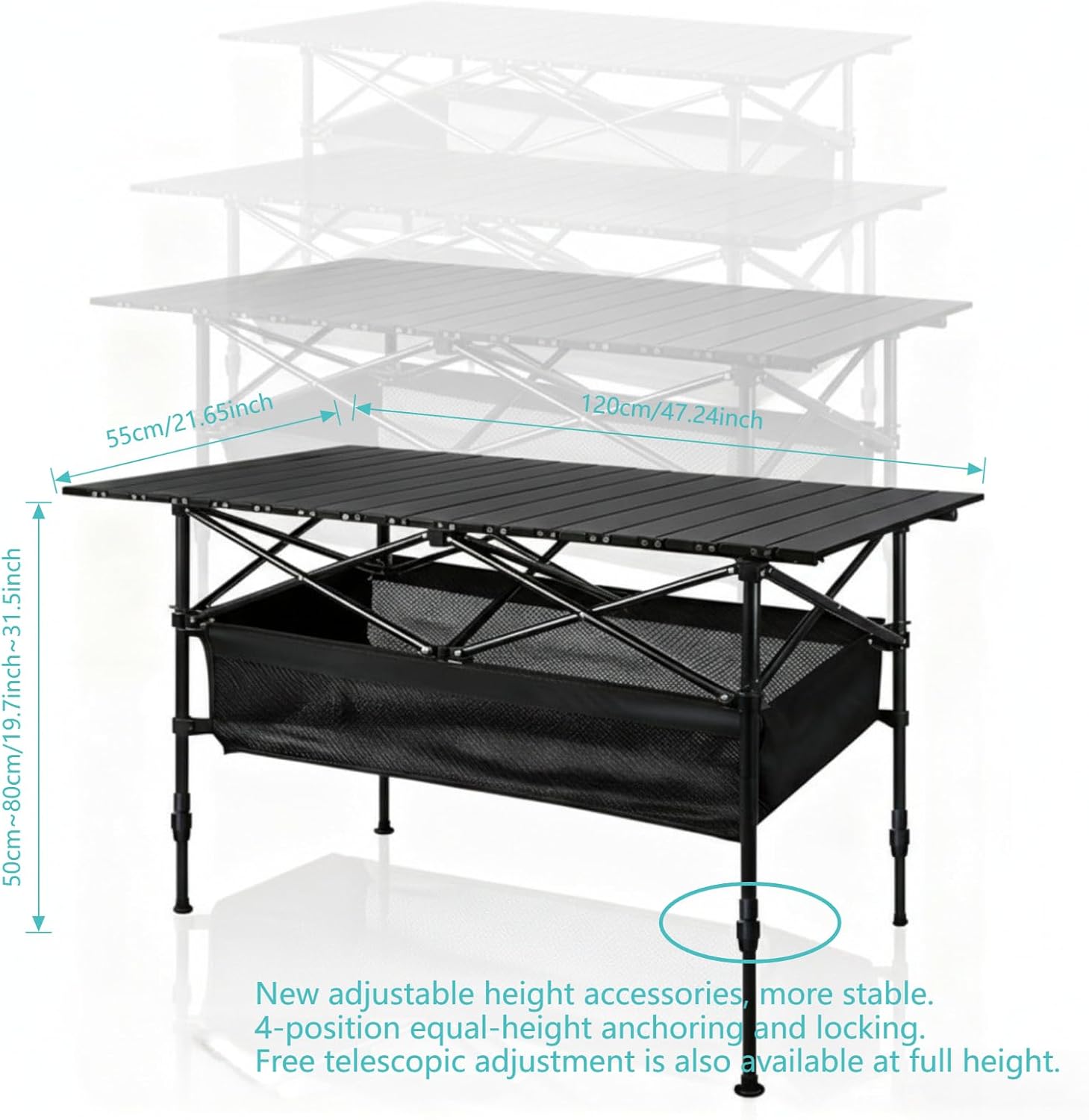 Portable Folding Camping Table with Adjustable Legs - 4 Height Settings, Upgraded Stable Outdoor Table, Compact Fold for Car Trunk Storage, Camp, Beach, BBQ Grill (Black,47*22*20-33in)