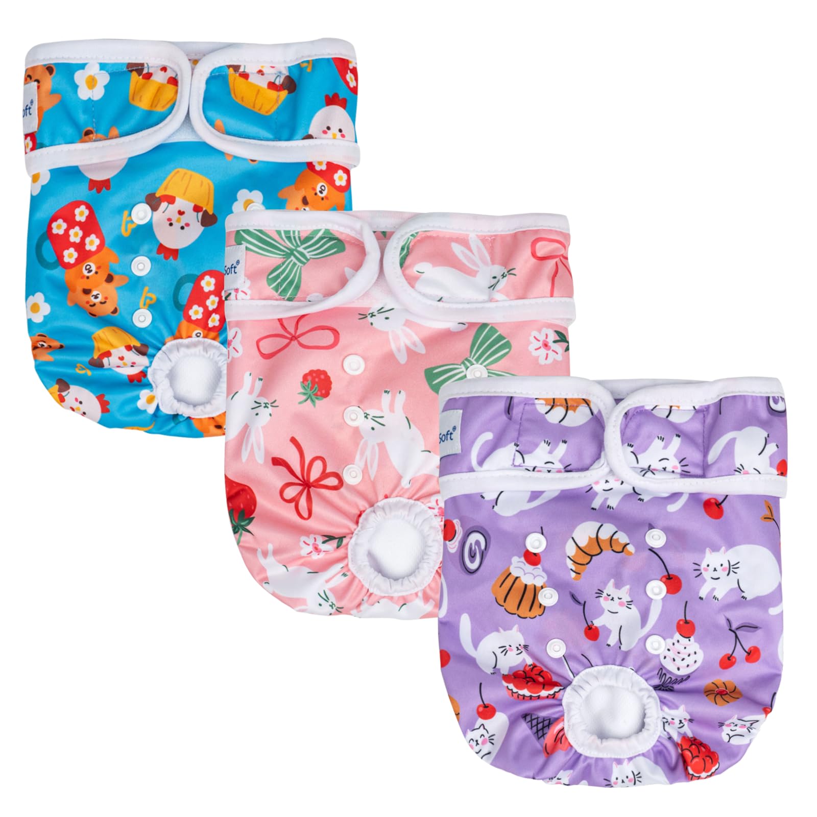 Pet Soft Dog Nappies Female, 3 Pack Reusable Dog Period Pants, Adjustable Pet Diapers for Female Dogs in Season Heat Incontinence (Animals, M)