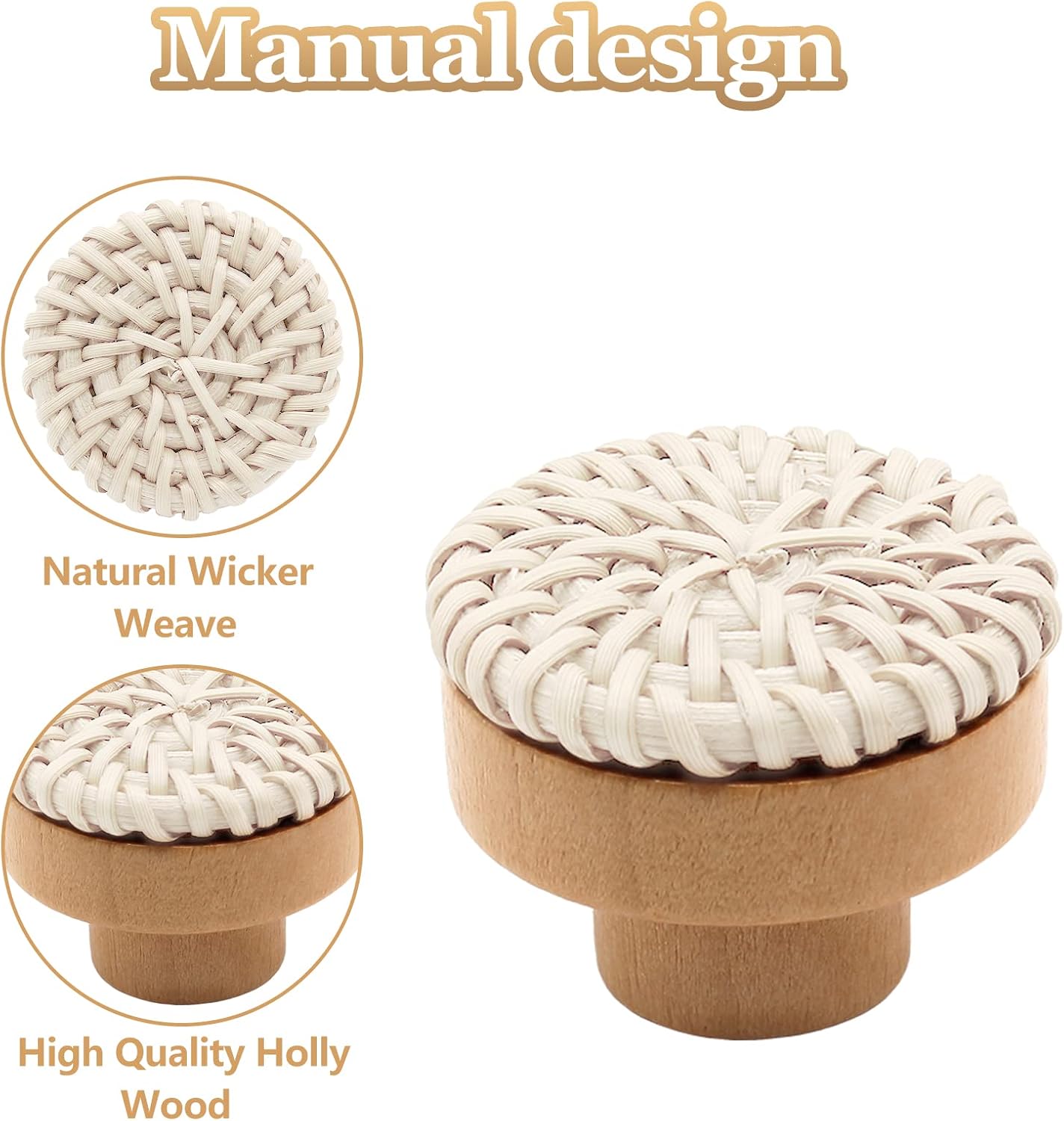 Boho Rattan Dresser Drawer Pulls - 8pcs (Beige) - 30mm Wicker Woven Knobs