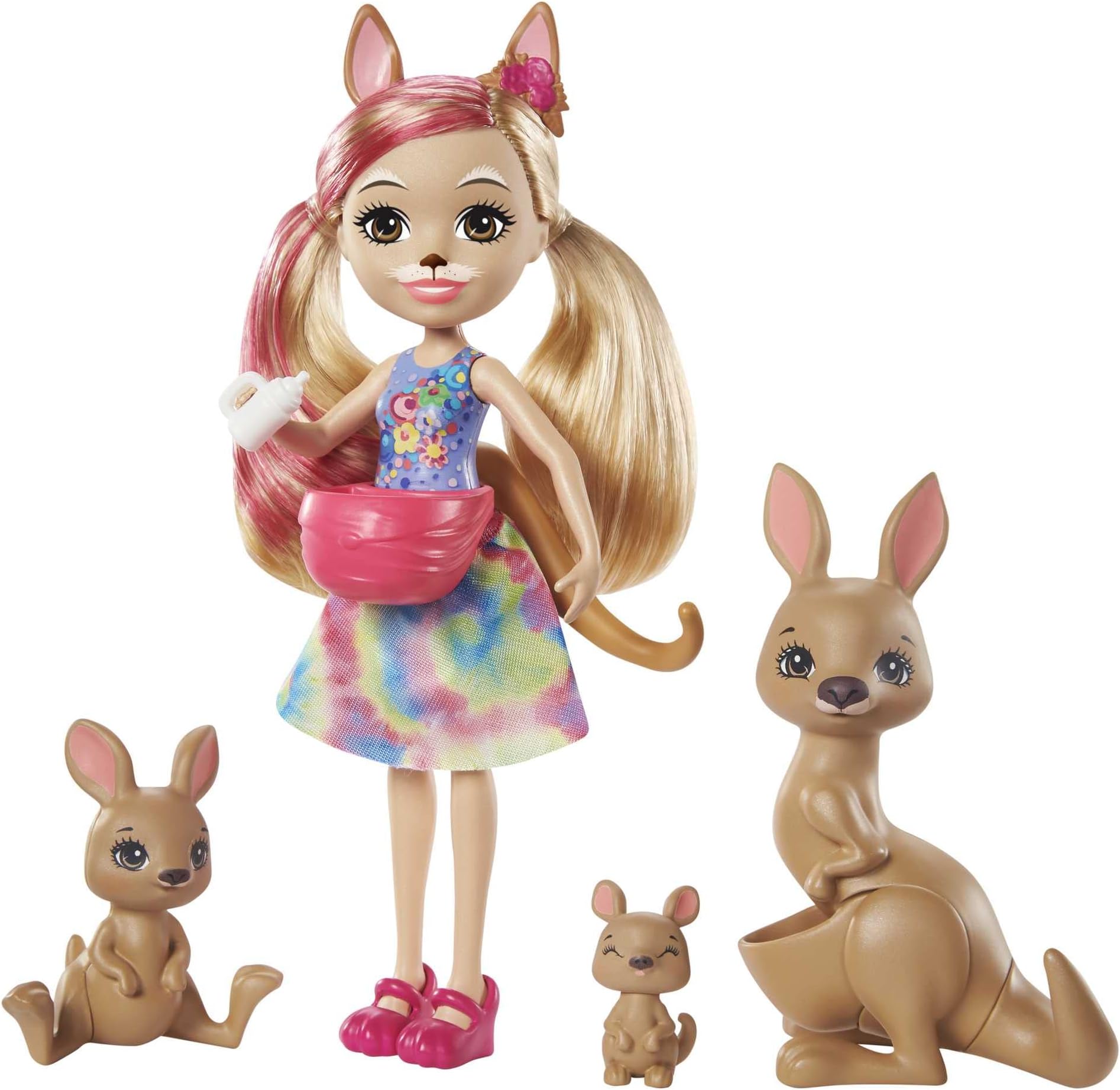 Enchantimals Family Toy Set, Kamilla Kangaroo Doll (6-in) with 3 Animal Figures and 1 Bottle Accessory, Sunny Savanna Collection, Great Gift for 3-8 Year Olds