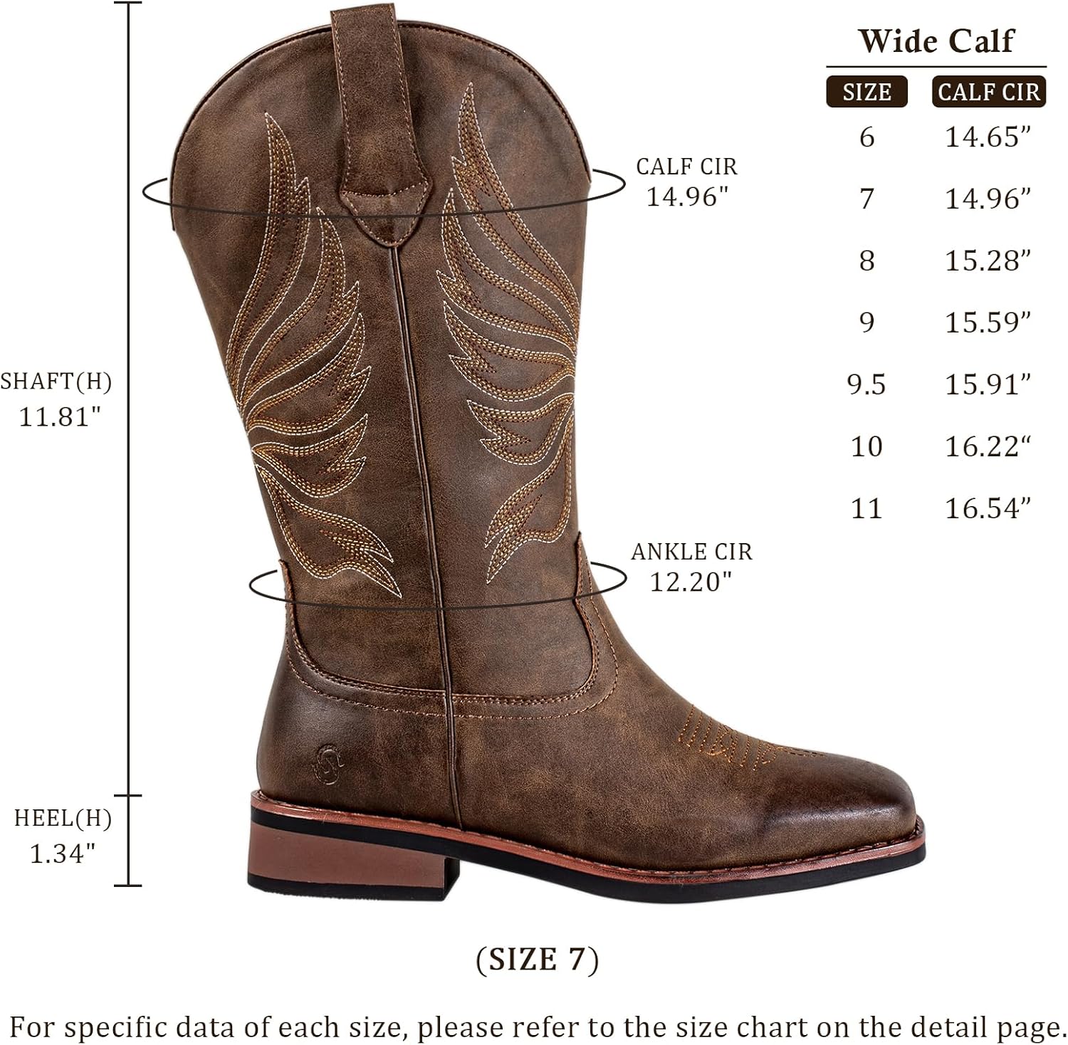 SheSole Cowgirl Boots Wide Calf with Roomy Square Toe - Easy On/Off with Side Zipper & Elastic, Comfortable Western Cowboy Boots Women for Curvy Legs - Image 3