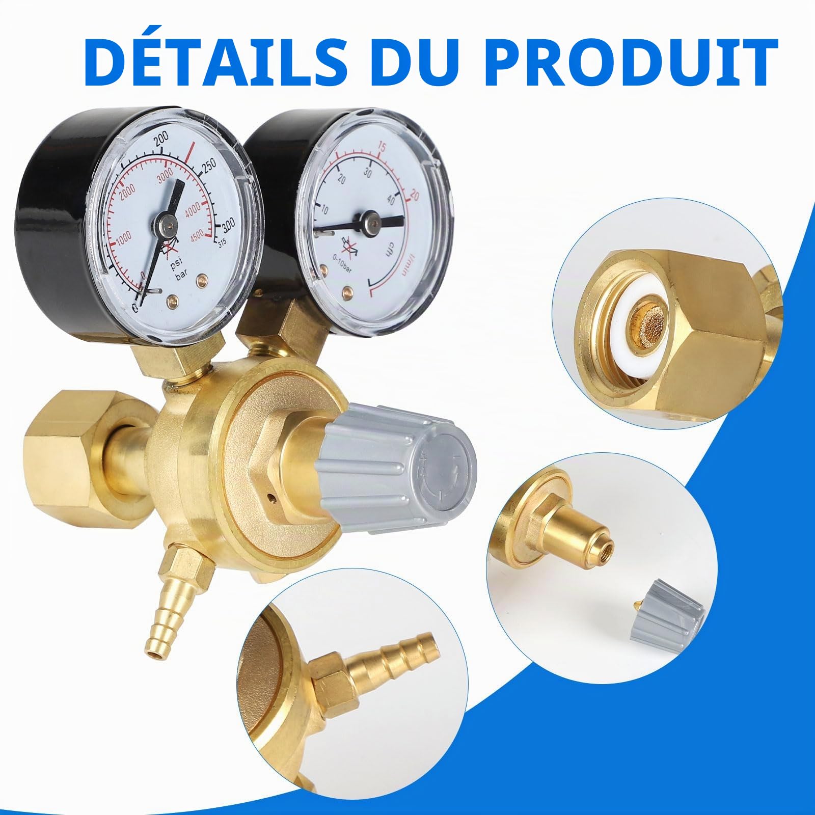 SWAWIS Réducteur de Pression Argon/CO2 pour Gaz de Protection MIG MAG WIG TIG Soudure 315 Bar Raccord W21,8 x 1/14" Regulateur de Pression Argon
