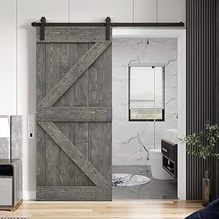 TMS K Series Stained Solid DIY Knotty Pine Wood Interior Sliding Barn Door with Sliding Hardware Kit (30' X 84', Weather Gray)
