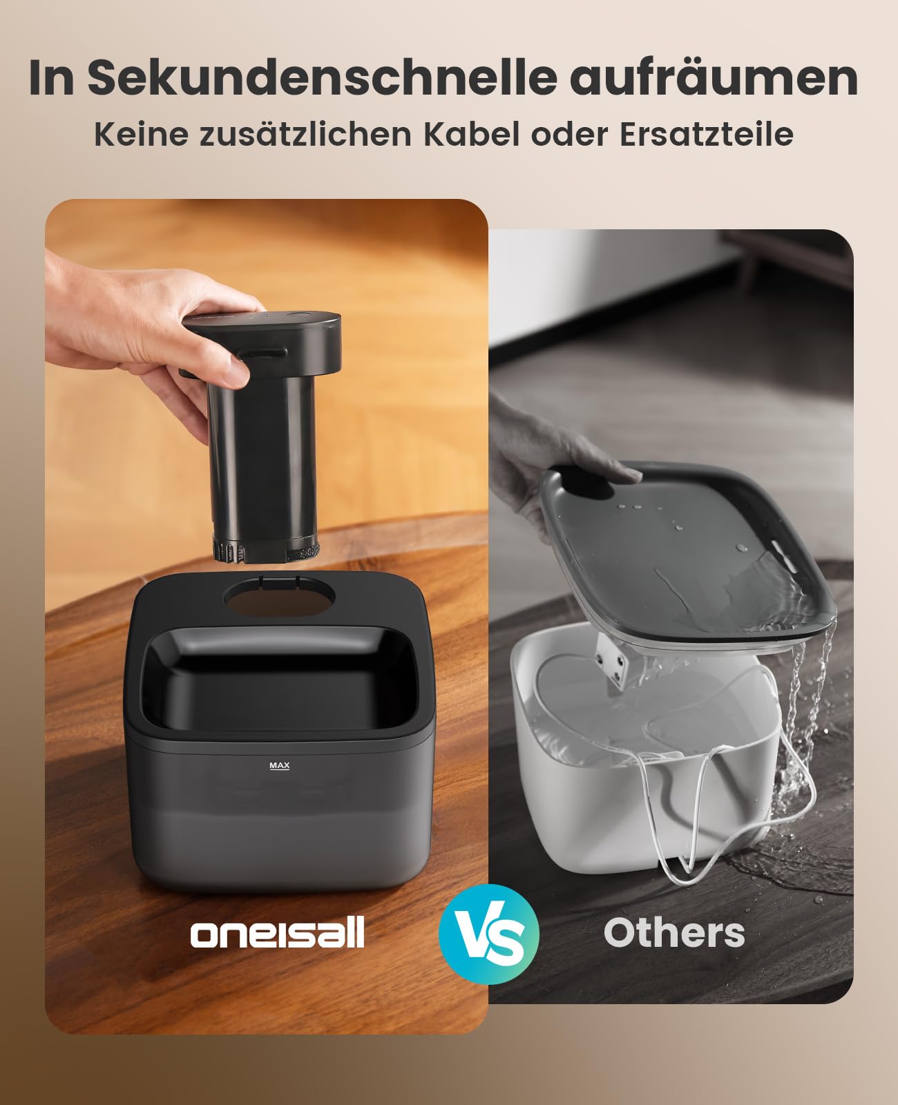oneisall katzenbrunnen kabellos, 2.2 L trinkbrunnen für Katze kabellos mit bewegungsmelder, 20 dB ultraleise integrierte SilentFlow™-Pumpe, batteriebetrieben für Katzen, leicht zu reinigen, Schwarz