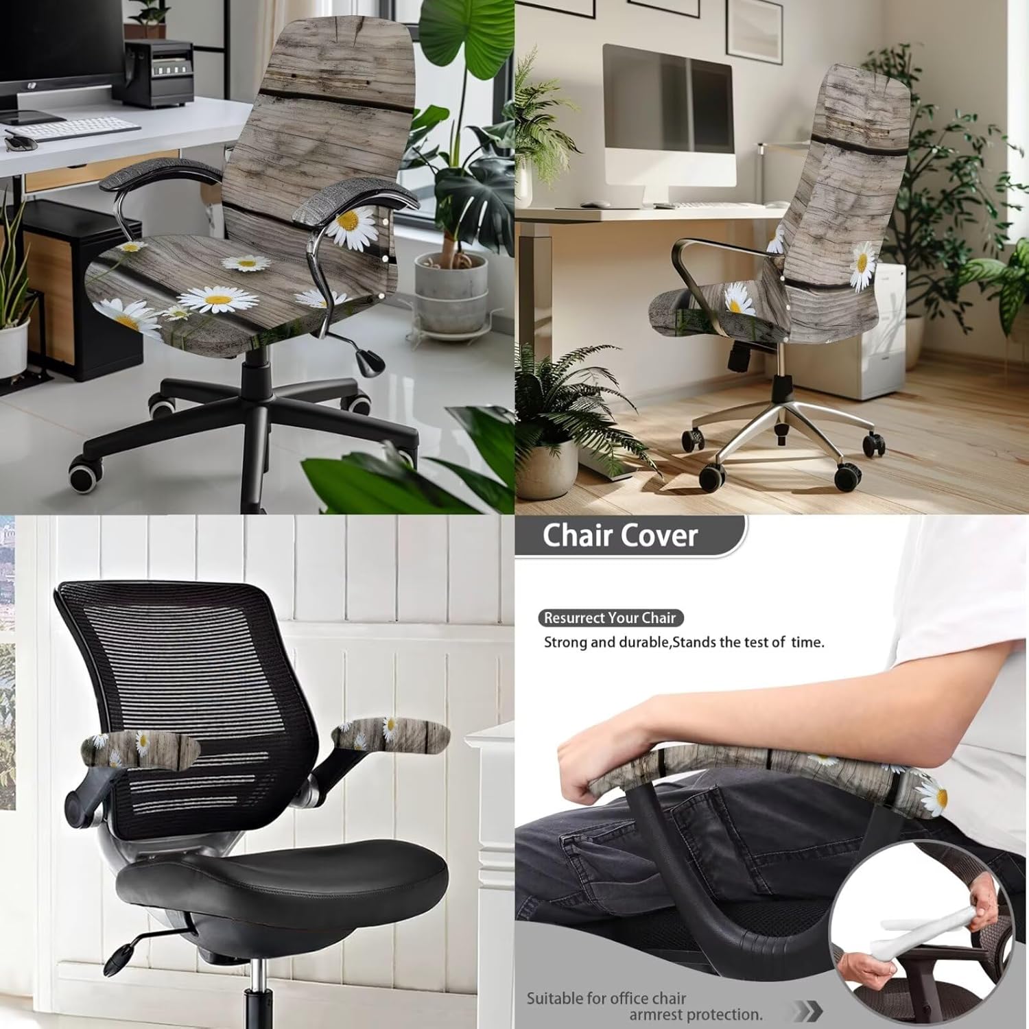 Daisy Printed 3 Pcs Office Chair Covers Removable Computer Chair Slipcovers Universal Chair Protector with Armrest Covers, S