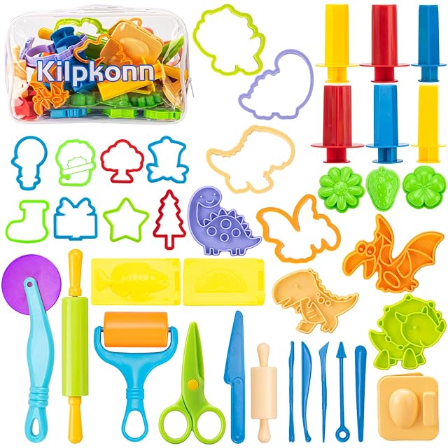 Kilpkonn Accesorios Plastilina, 42 Piezas Kit de Herramientas de Plastilina, Moldes, Forma, Tijeras, Rodillo con Bolsa de Almacenamiento, Paquete de Fiesta, para Niños 3 4 5 6 años