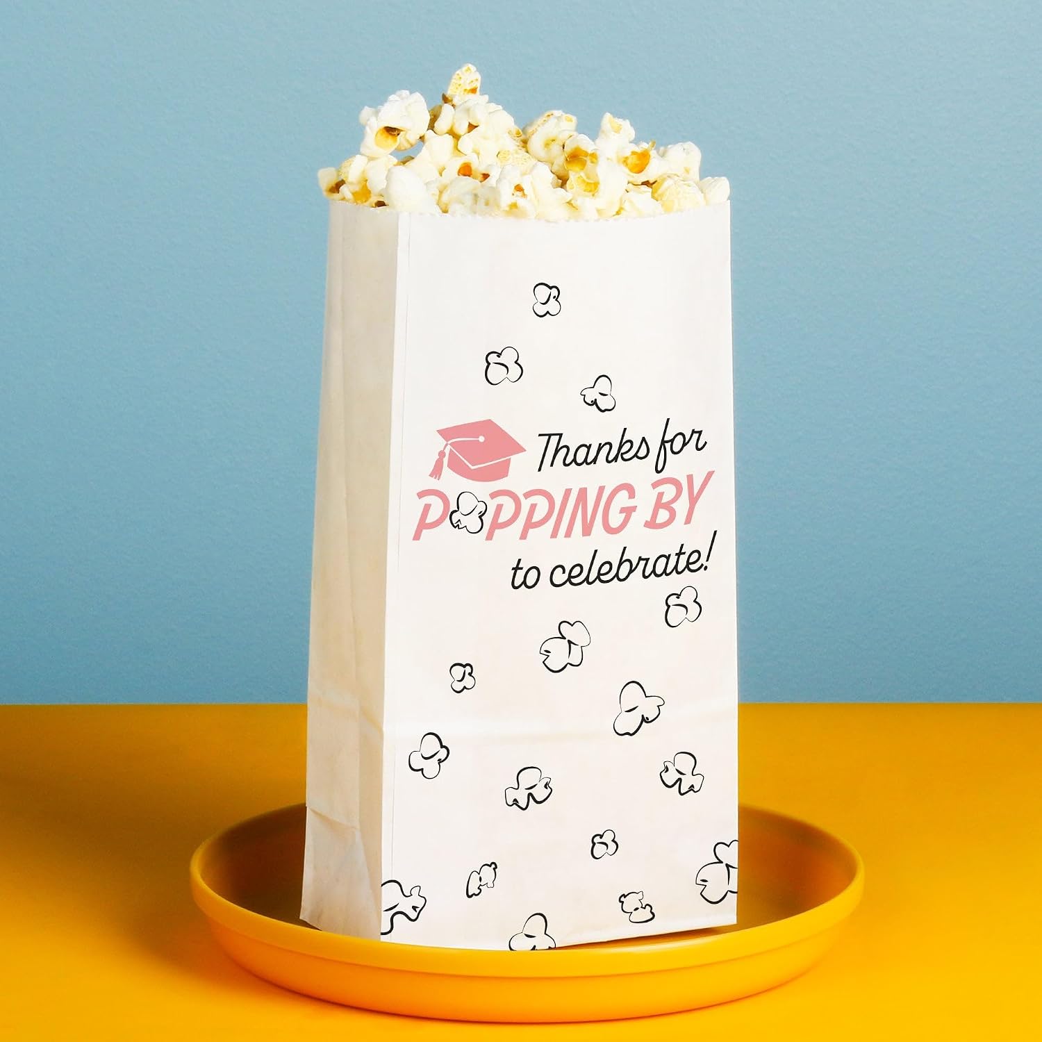 Big Dot of Happiness Pink Grad Thanks for Popping by Popcorn Bags, Rose Gold Pink Graduation Party Favor Snack Treats, Free-Standing Individual White Paper Bags - 25 Count