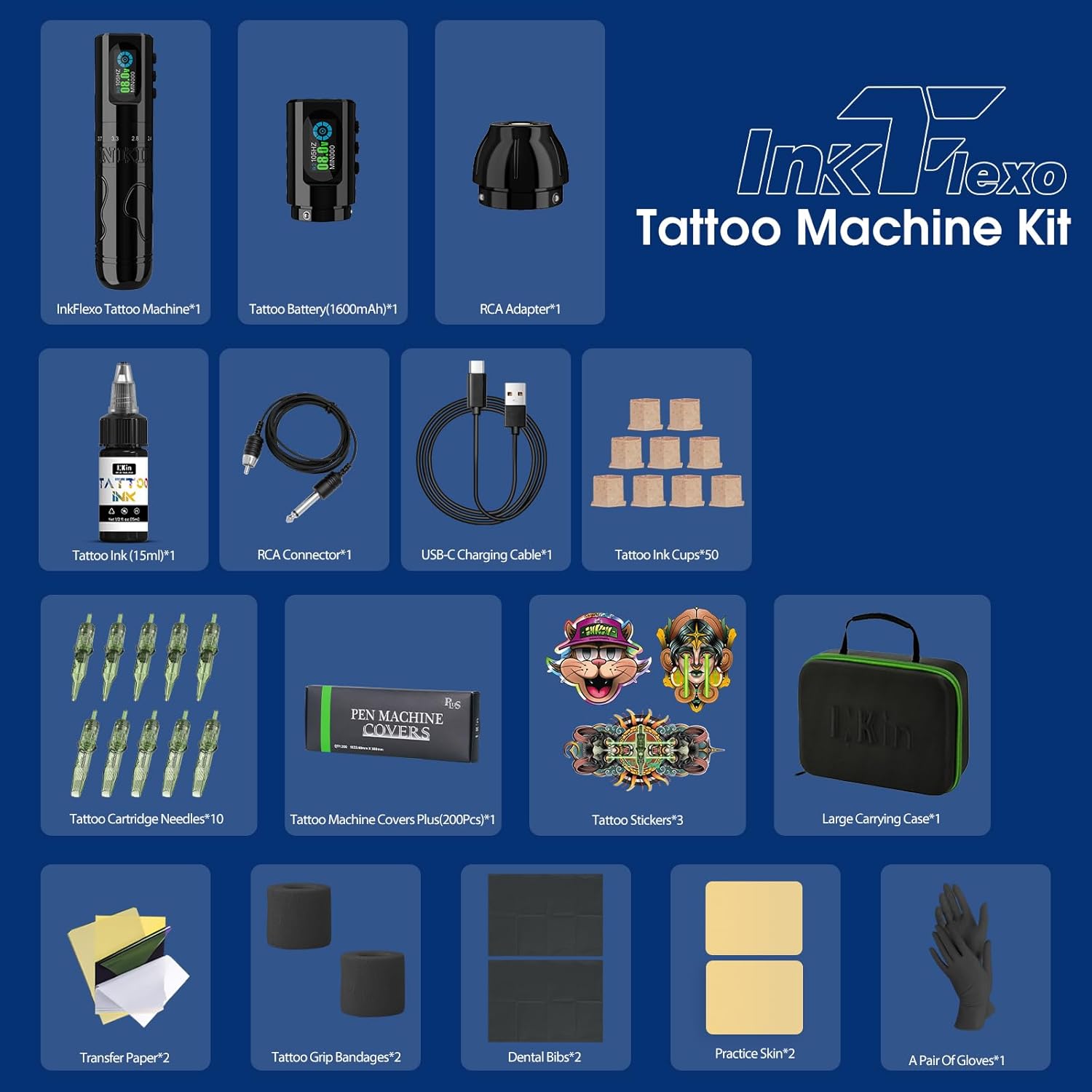INKin Tattoo Gun Kit for Beginners Complete Set, InkFlexo Wireless Tattoo Machine with 6 Adjustable Stroke and 2Pcs 1600mAh Batteries, Tattoo Kit with Revo Tattoo Needles and Ink for Tattoo Artists