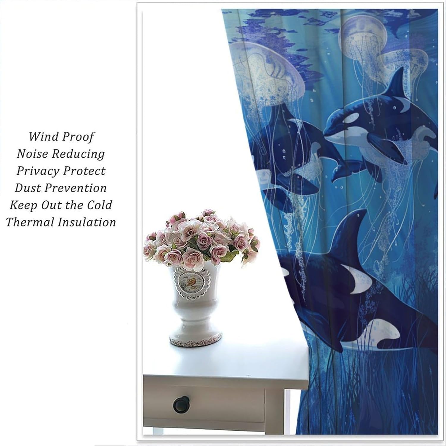 Modern Underwater Jellyfish Blackout Curtains for Bedroom/Living Room, Novelty Orca Animal Curtains Rod Pocket Thermal Insulated Window Drapes, 2 Panels/Each 21" W x 54" L