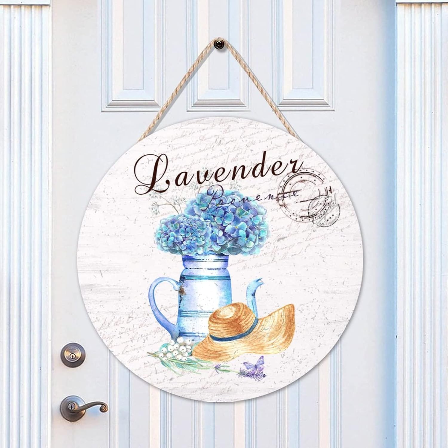 Floral Round Door Hanger Sign, Lavender Wood Door Sign, Custom Calligraphy 16x16in Wall Hanging Sign Plaque for Backyard Front Porch Farmhouse Front Door Decor Housewarming Gifts