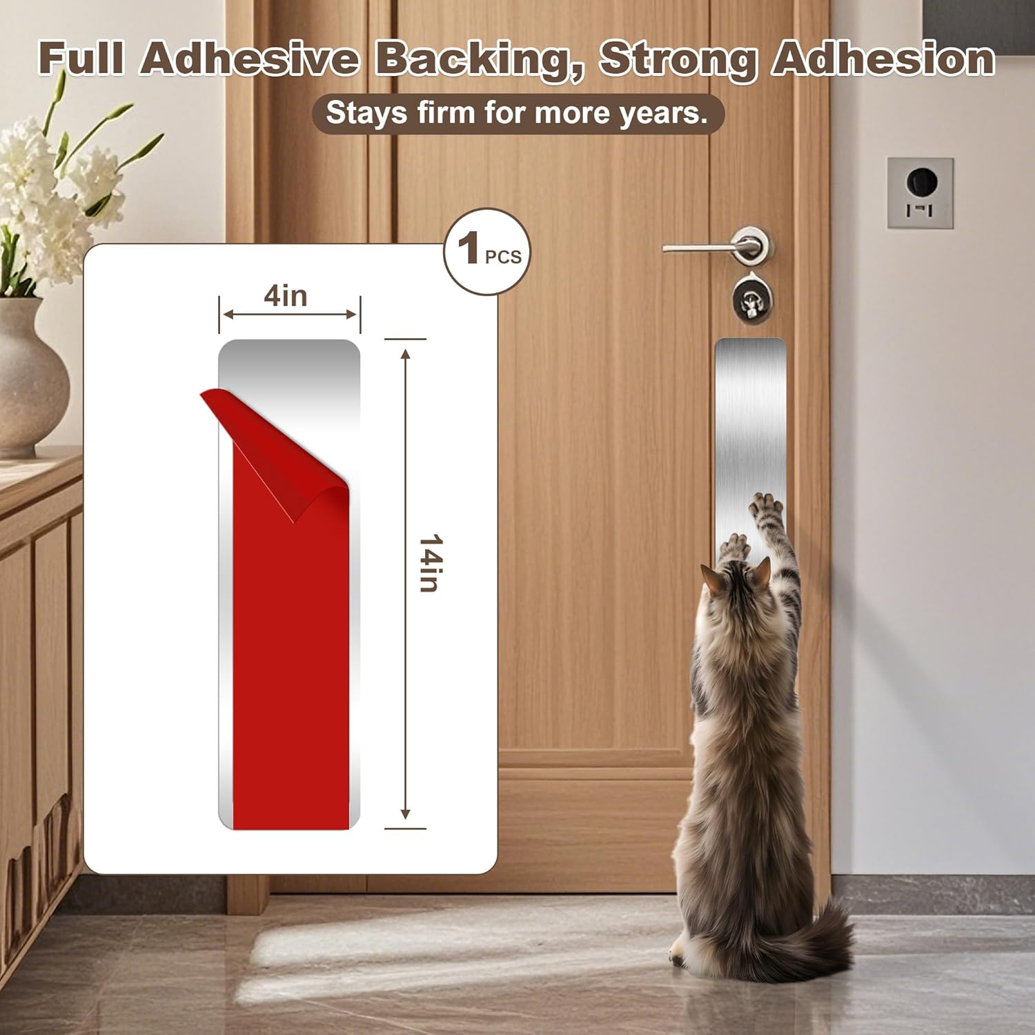1 PCS 4"x14" Door Protector from Dog Scratching, Self-Adhesive Stainless Steel Door Kick Plate with Rounded Corners, Anti-Scratch Guard for Dogs & Cats, Brushed Fingerprint-Resistant Finish(Silver)
