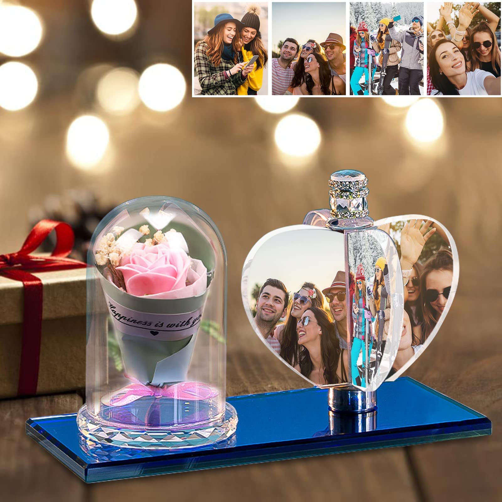 YAEILOV Personalized 3D Rotate Windmill Light 4 Photo Frame Crystal Lamp Custom LED Night Lights Customized Photo Gifts for Anniversary Valentine's Day