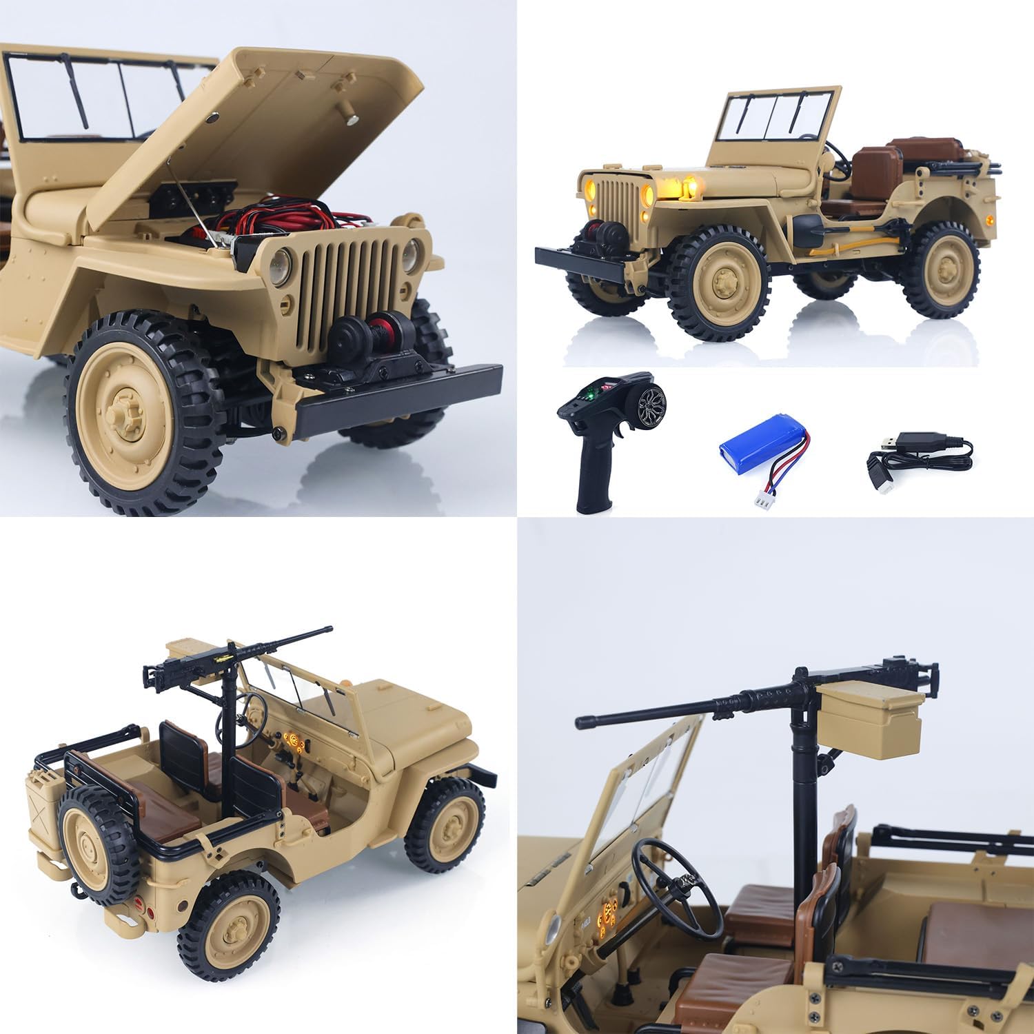 US in Stock, Hg 1/14 4X4 Electric Military Truck Hg4 58 Convertible Off Road Combat Vehicle Remote Control Car 2Speed Light Sound Motor Model for Adult Hobby(Yellow)
