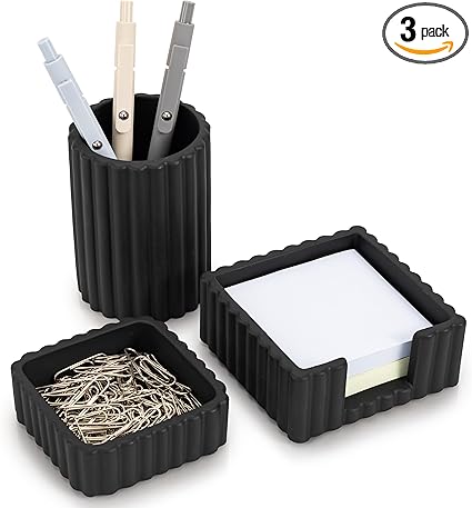 KIBAGA Modern Aesthetic Desk Accessories Set of 3 - Stylish Concrete Organizers for Pens & Office Supplies - A Cute and Functional Addition to Your Workspace Decor
