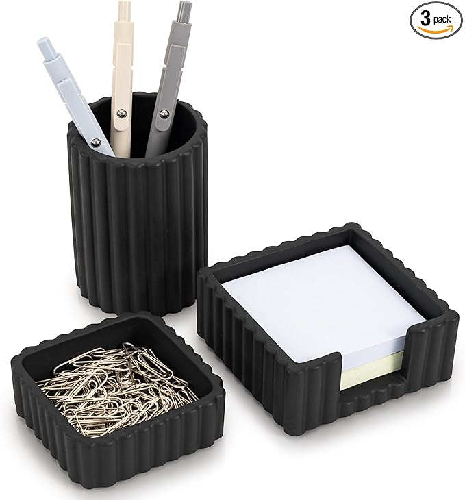 KIBAGA Modern Aesthetic Desk Accessories Set of 3 - Stylish Concrete Organizers for Pens & Office Supplies - A Cute and Functional Addition to Your Workspace Decor