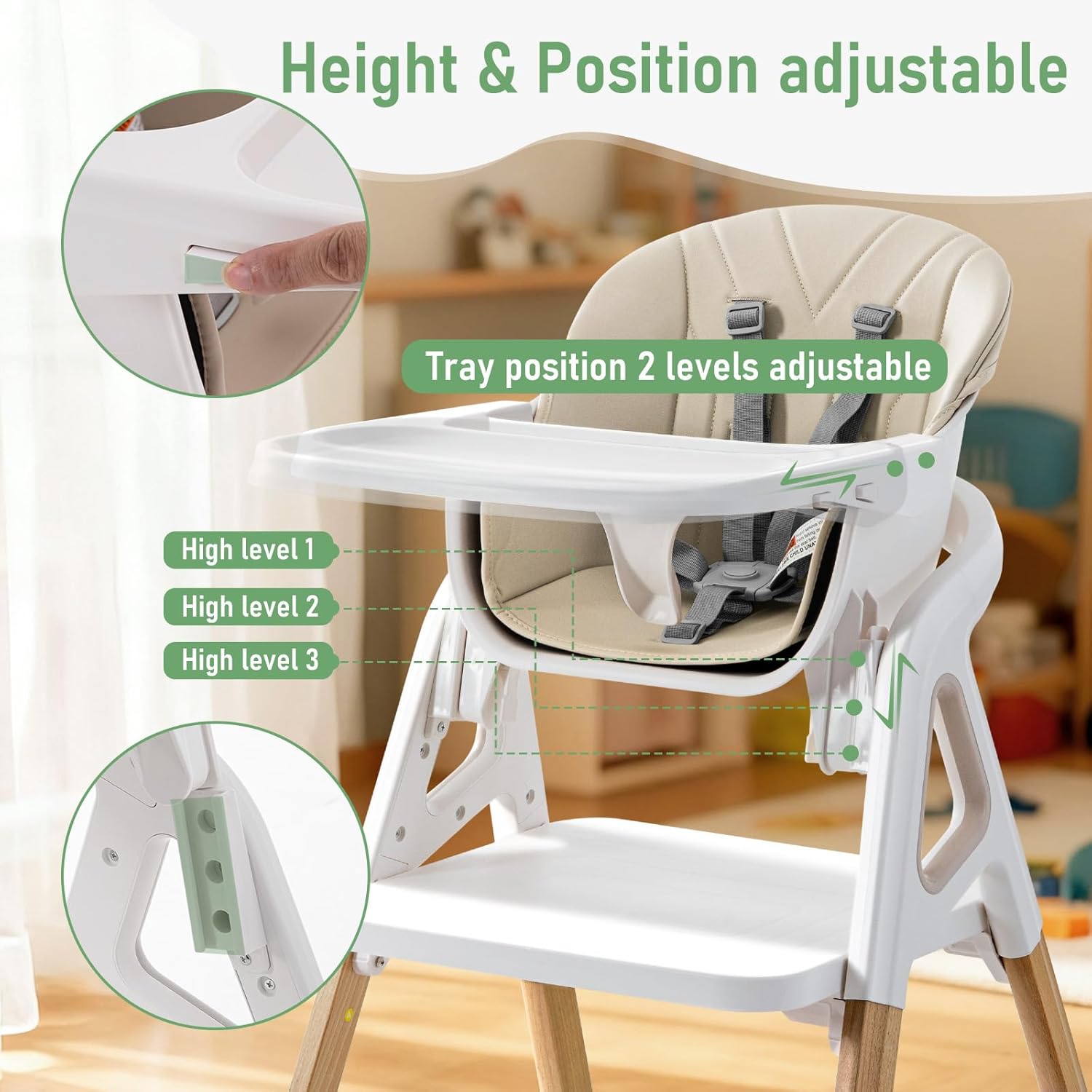 Baby High Chair, Babies and Toddlers Convertible Slim High Chair with 6 Growing Stages from Infant to Toddler Seating with Removable Tray, Easy to Clean,Beige Cushion