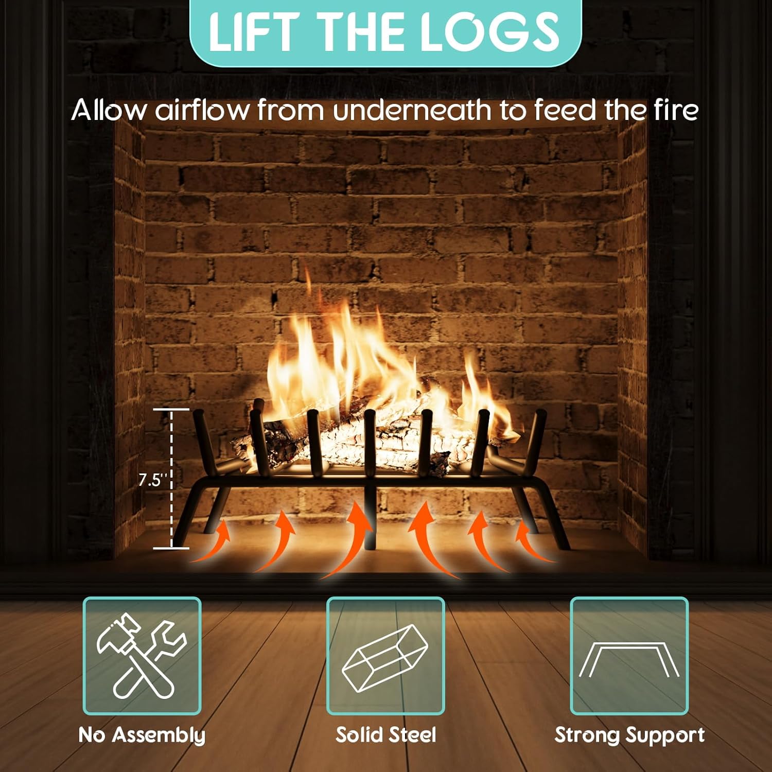 24-Inch Fireplace Grate, Heavy Duty 7-Bar Log Rack Holder Made of Solid Round Steel for Indoor/Outdoor Fire Pits, Wood Stoves & Kindling Tools