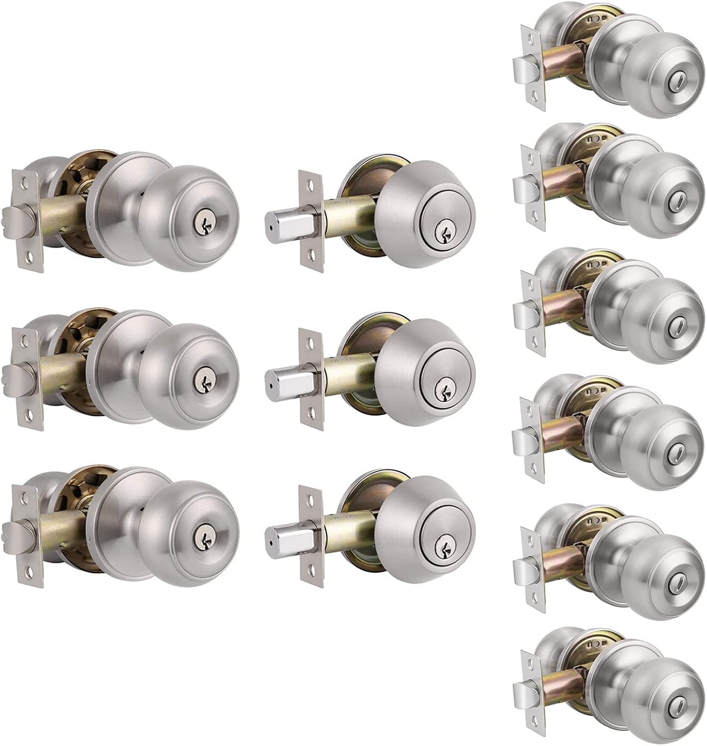 Probrico (3 Set Entry Door Knobs and Single Cylinder Deabolt Lock Set with (6 Pack) Privacy Door Knobs, Interior Exterior Door Lock Knobs, Brushed Nickel Finish