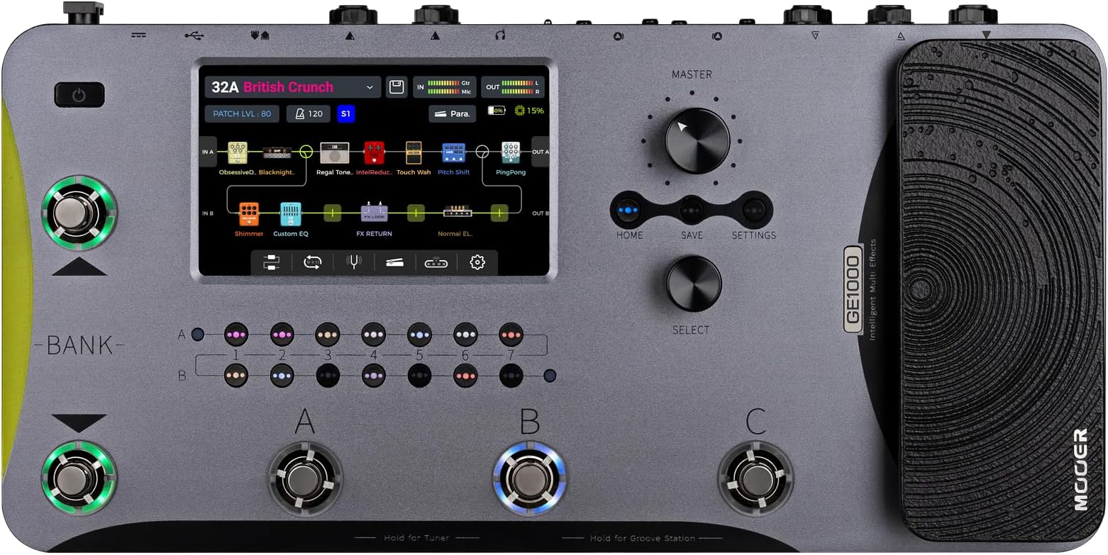 GE1000 Guitar Mutieffects Pedal Processor WIth 5" Touch Screen, 288 Effects, AI Equalization Third-brand IRs, Stereo Sound, Surport XLR, MIDI Port, APP Cloud