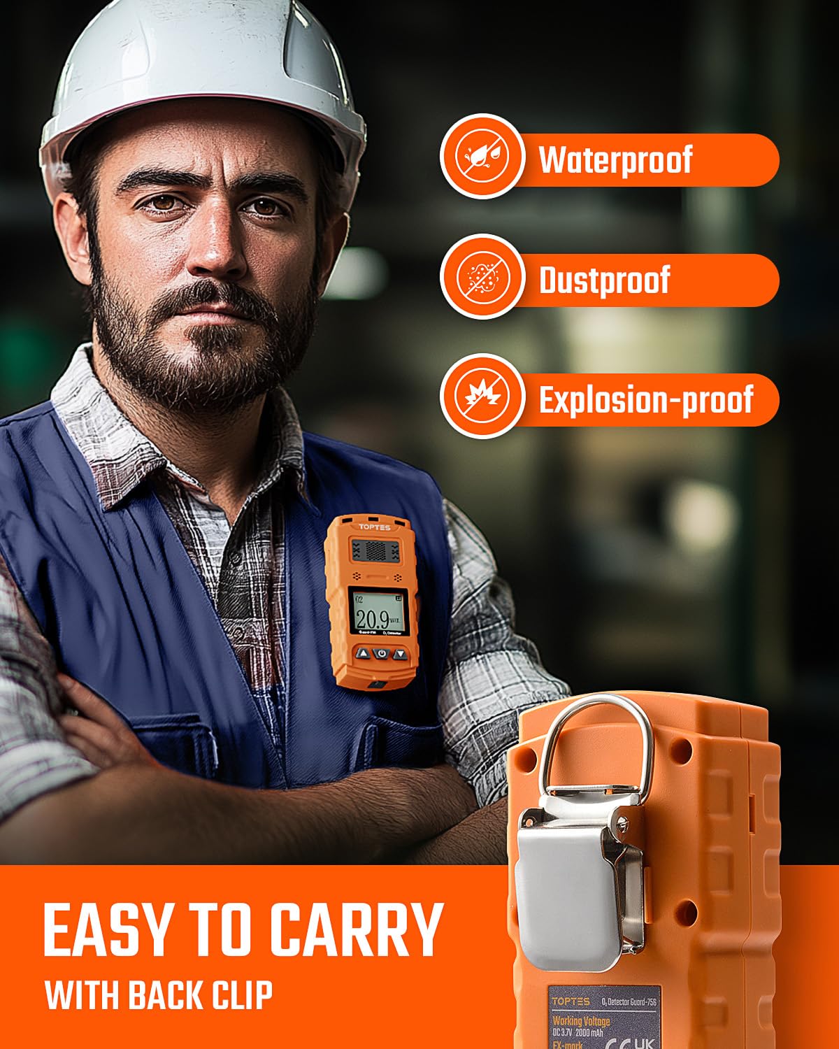 TopTes Guard-756 Moniteur O2 Amélioré, Détecteur D’oxygène, Réponse en 0,5s, Rechargeable, Alarmes par Vibration, Visuelle & Sonore, Résistant À La Poussière et Aux Explosions, pour Travail et Maison