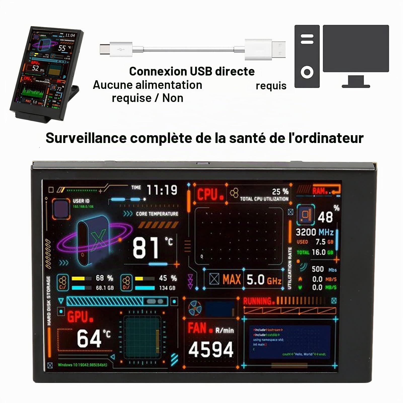 Mini écran IPS 3,5 Pouces, écran de Panneau de Capteur de PC, Moniteur de Température D'ordinateur USB, écran Secondaire PC pour CPU, GPU,RAM, FPS et Données HDD, etc.