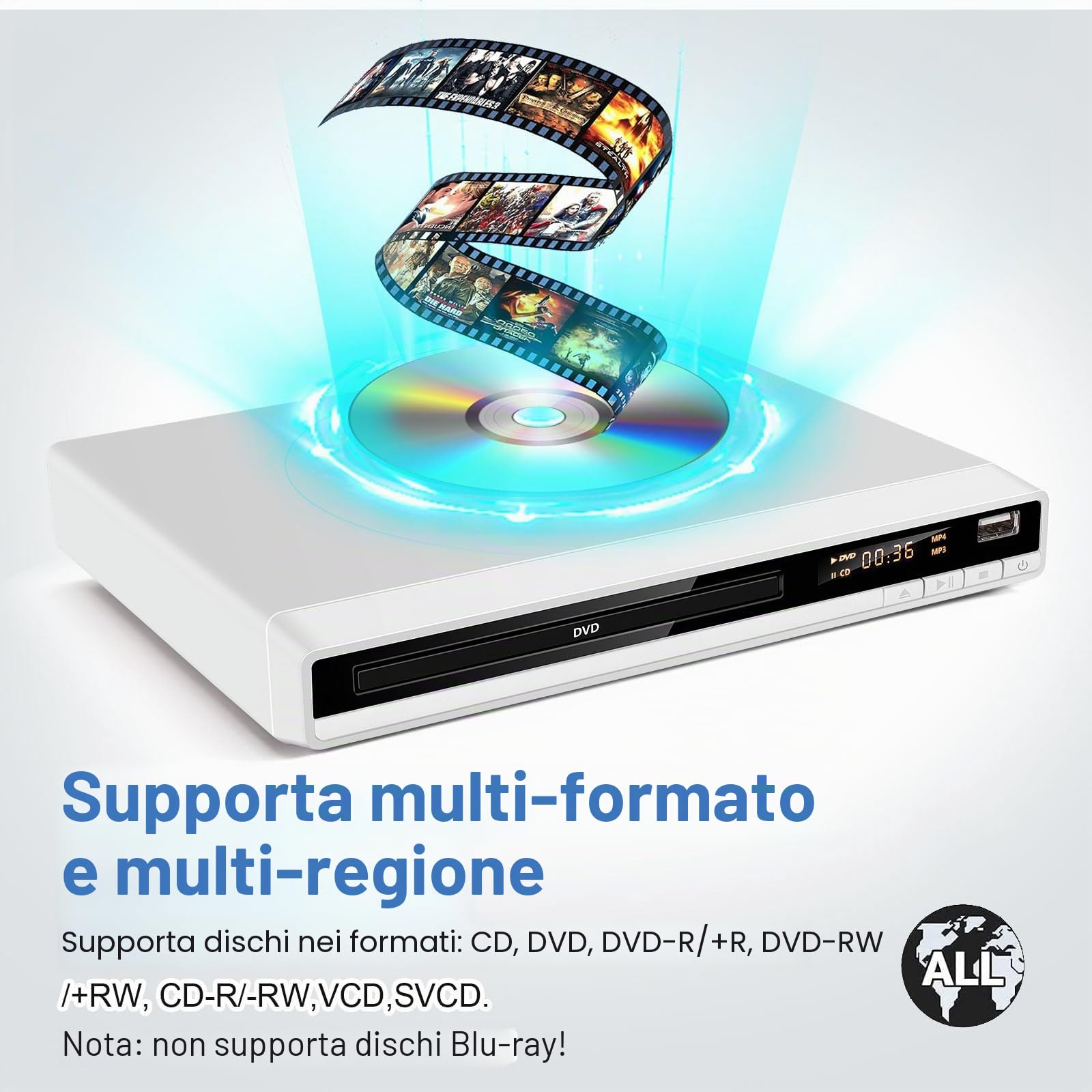 Lettore DVD Multiregione con HDMI per TV | JOVELL Riproduttore CD MP3 con Ingresso USB | Include Telecomando e Cavi HDMI/RCA | Perfetto per Film Familiari, Riproduce Tutte le Regioni (Bianco)