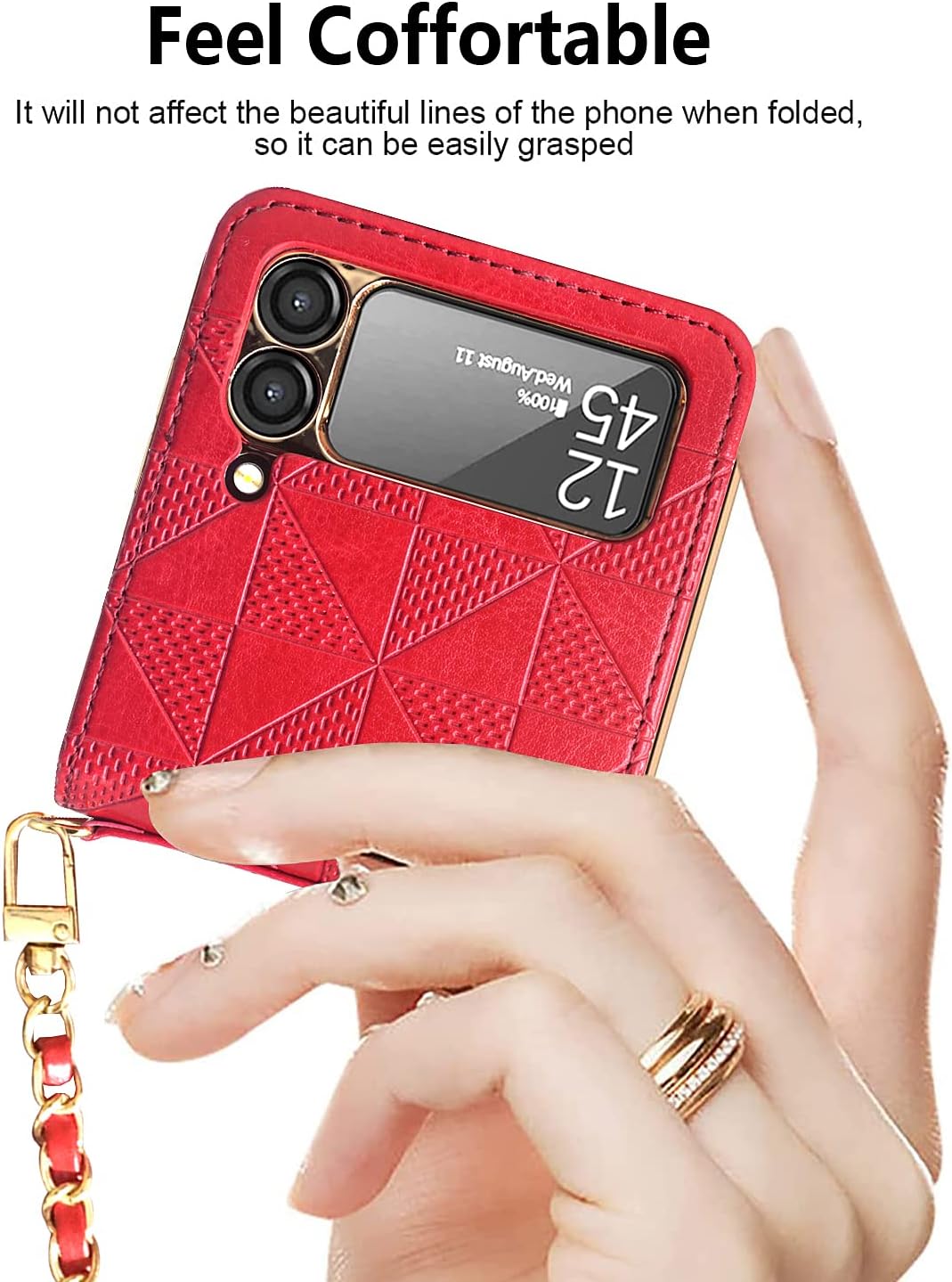 Yatchen Luxury Case for Samsung Galaxy Z Flip 3, Beautiful Rhombus Pattern Leather Case Gold Plating Hard PC Bumper Protector with Lanyard Chain Strap for Galaxy Z Flip 3 Girls Women White
