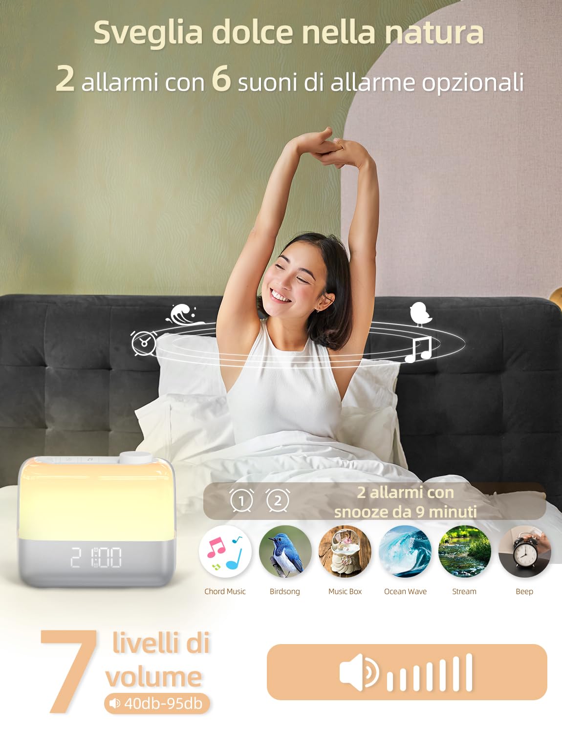 Sveglia digitale per camera da letto: luce sveglia all'alba, luce notturna a 8 colori, doppio allarme forte per chi dorme pesante, snooze 9 minuti, 6 suoni, 7 volumi, batteria ricaricabile da